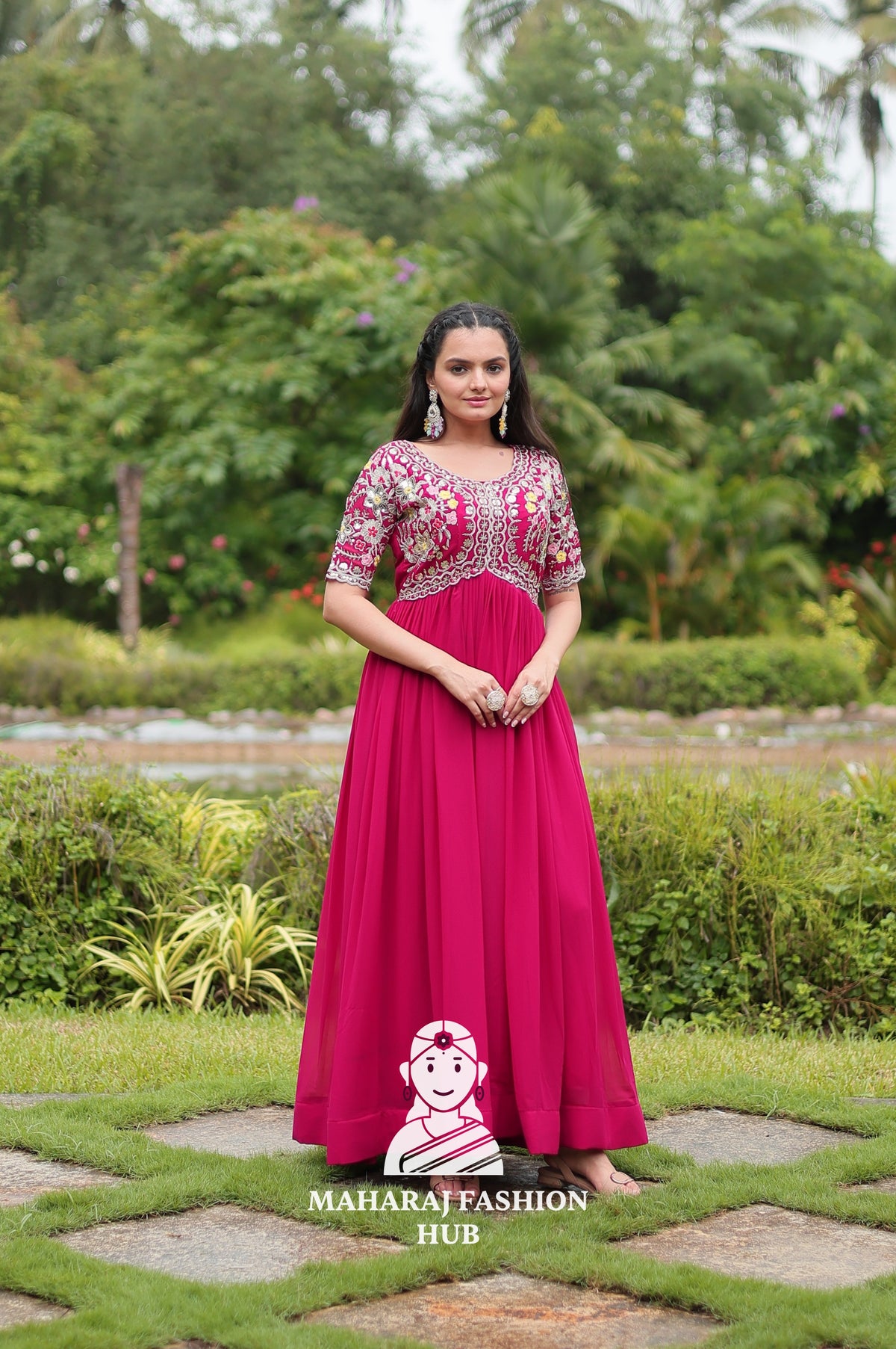 Half Sleeve Faux Blooming Fabric Gown with Luxe Finish
