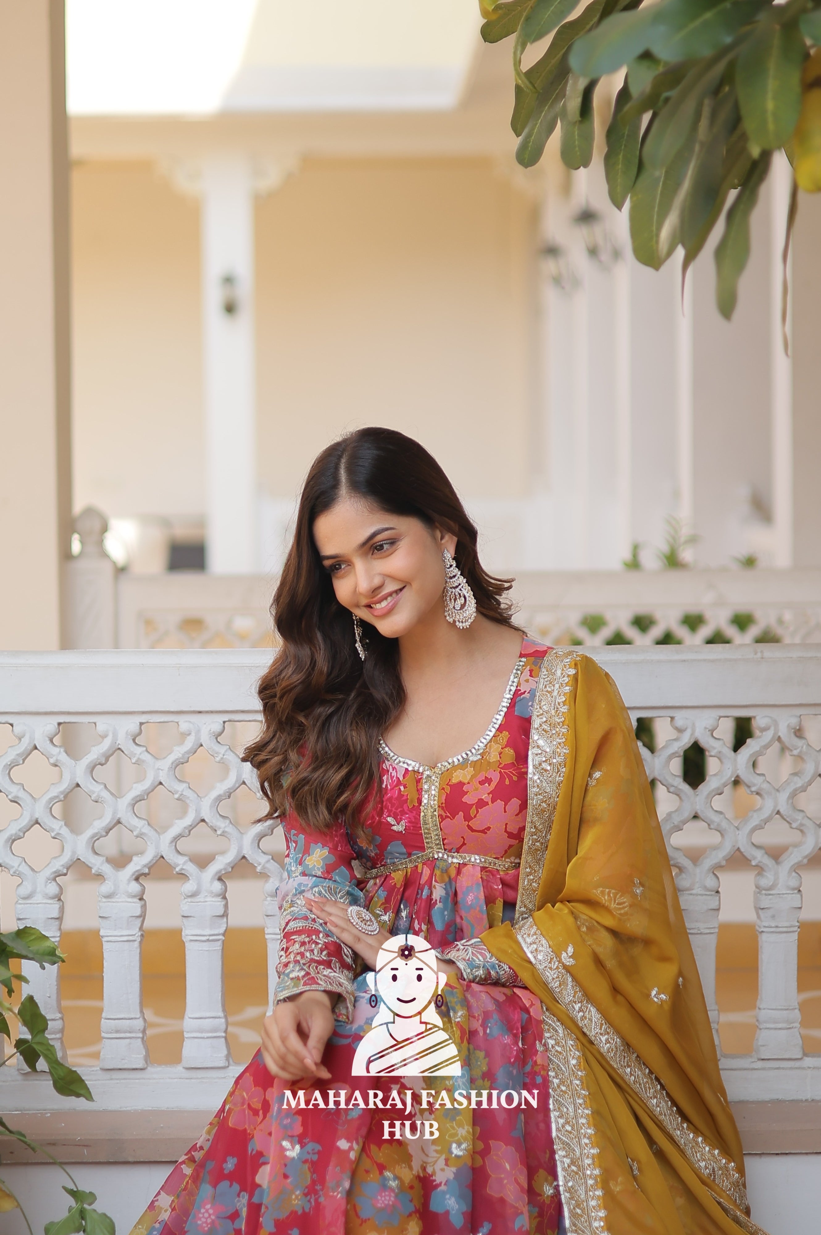 Digital Printed Russian Silk Gown with Zari & Sequins Embroidery