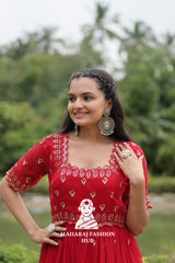 Sequins Embroidered Fabric Gown with Stylish Square Neck