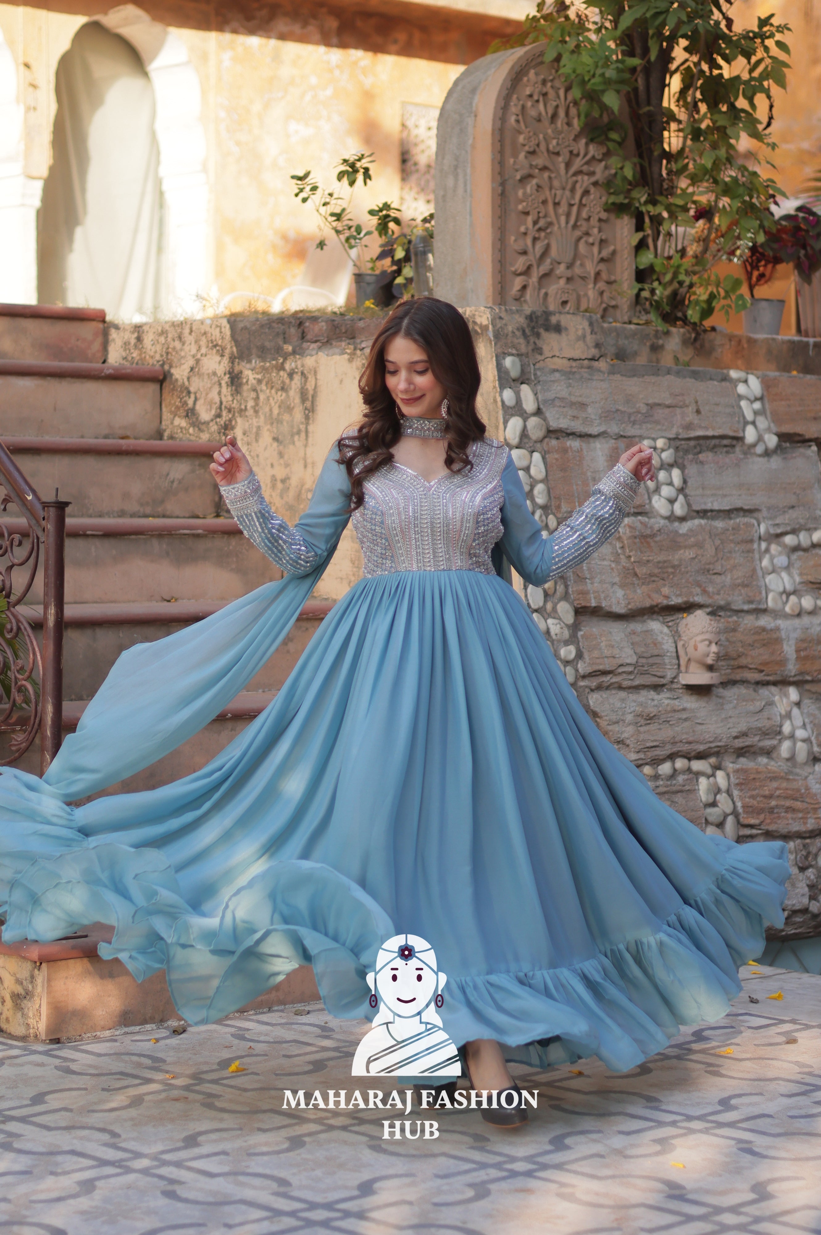 💫 Designer Gown in Star Georgette with Pan Neck & Full Embroidery - Special Designer Gown