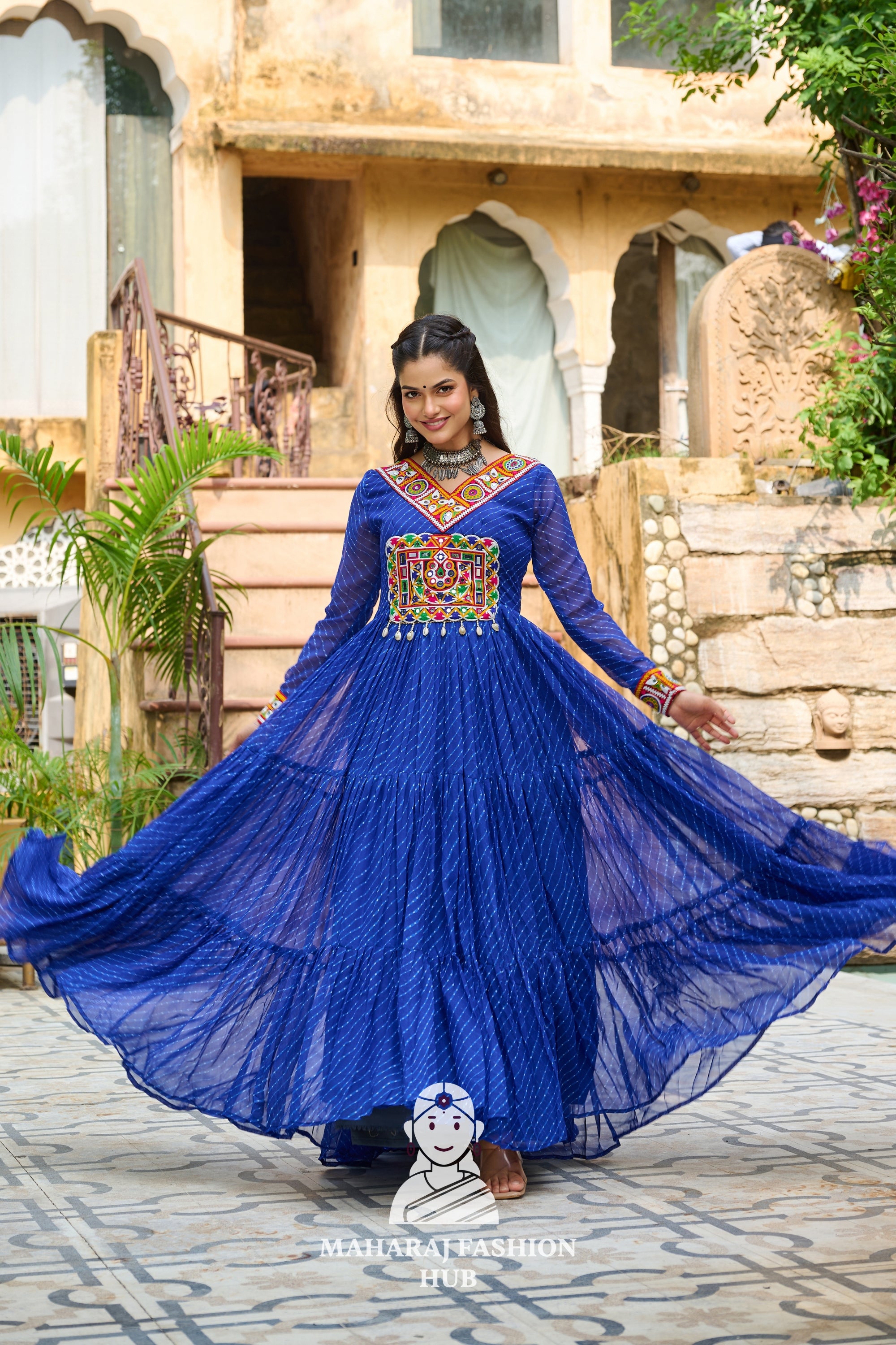 Navratri - Premium Faux Georgette Kutchi Patchwork Laheriya Navratri Gown Style 🎨🪔