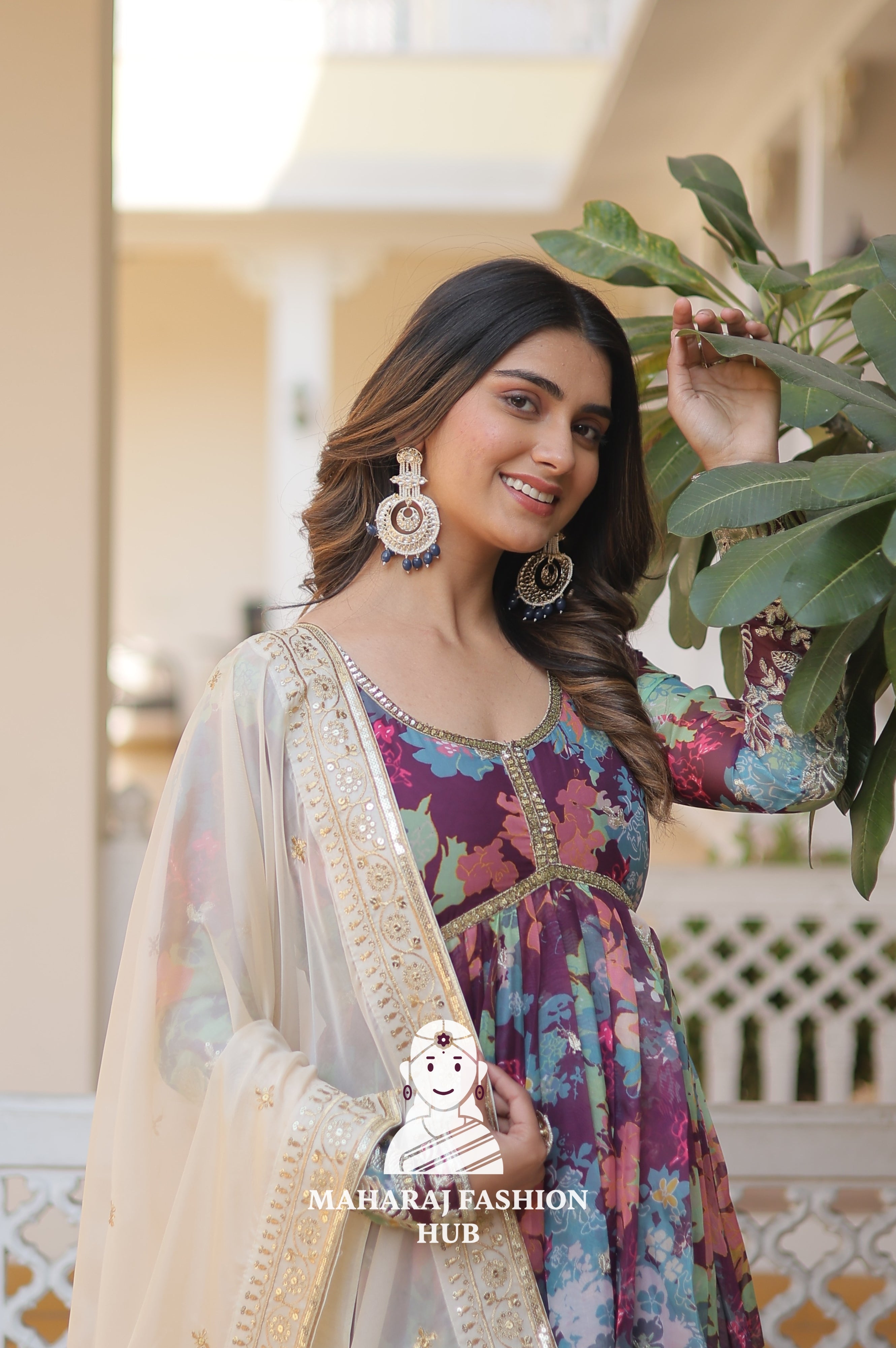 Designer V Neck Russian Silk Gown with Embroidered Dupatta