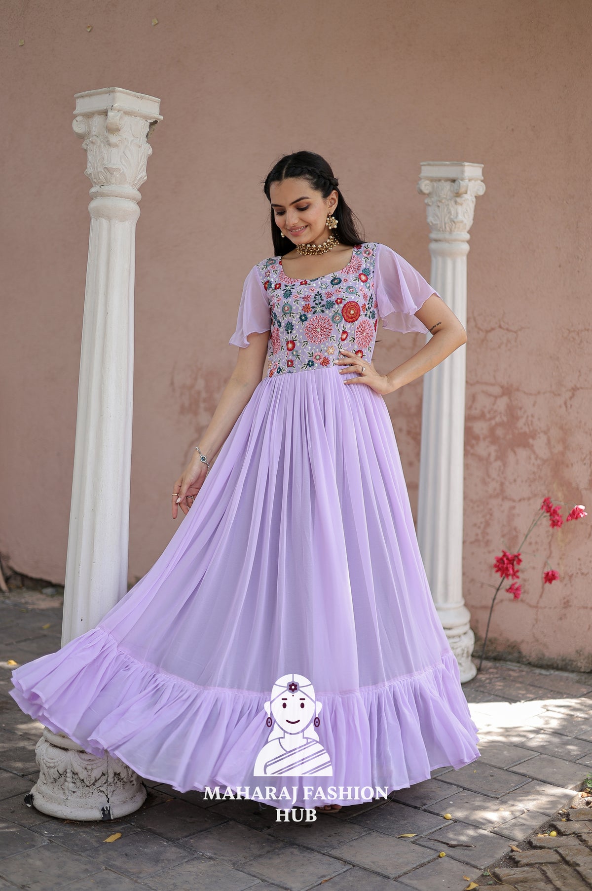 ✨ Faux Georgette Embroidered Gown with Sequins & Frill Stitch | Partywear Glam