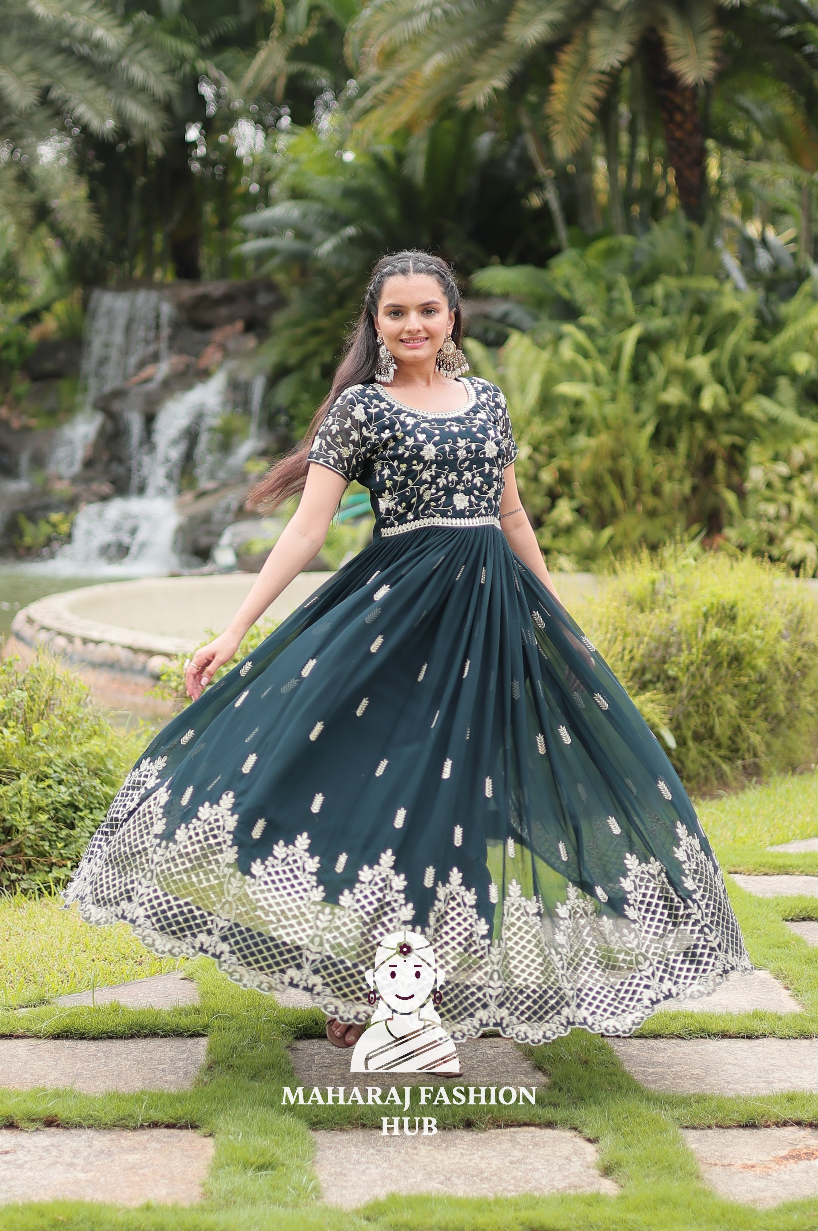 🧵 Cotton-Lined Comfort in Blooming Fabric -Special Designer Gown