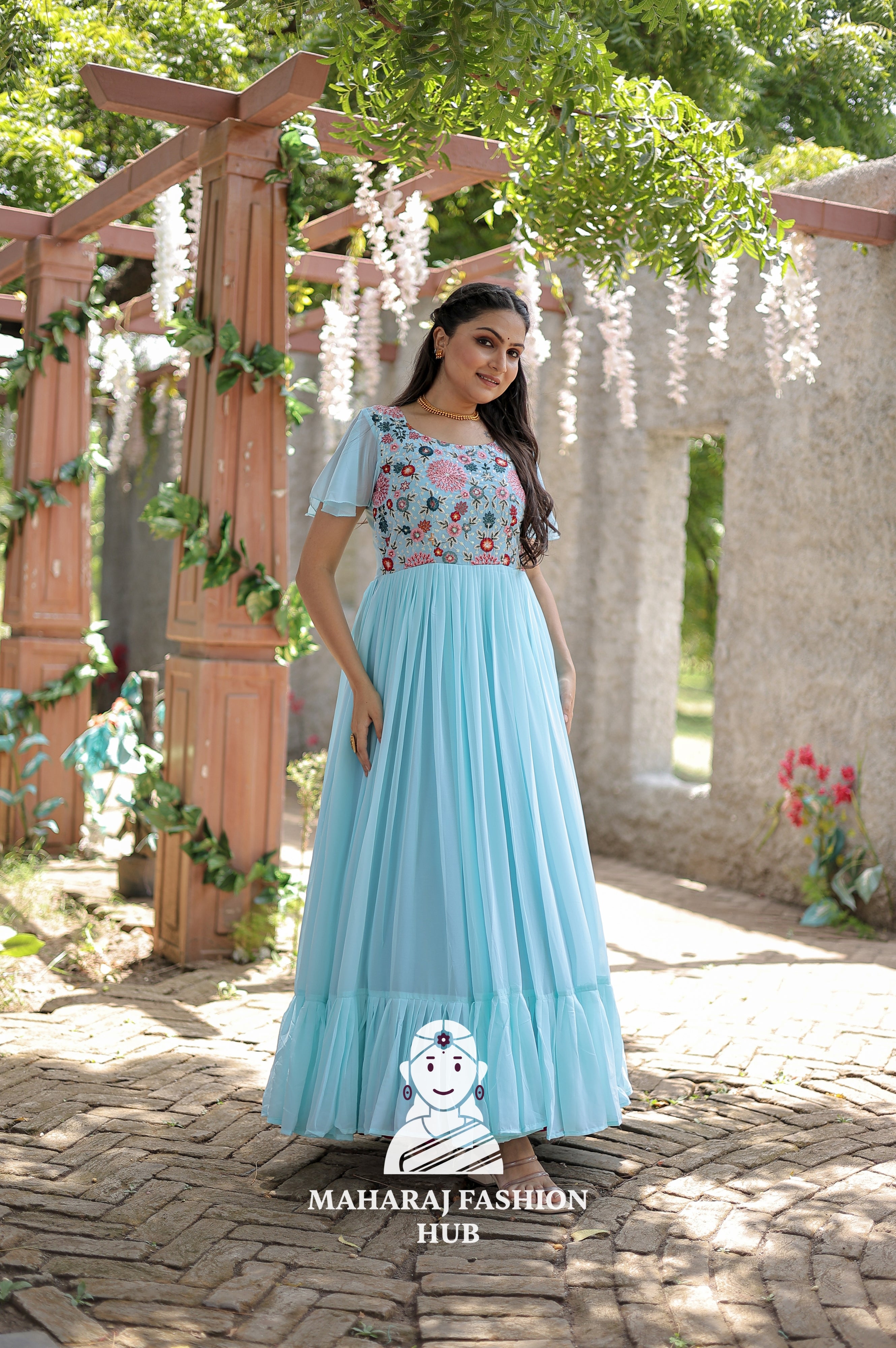 ✨ Cotton Lined Frill Stitch Gown in Faux Georgette | Wedding & Party Essential