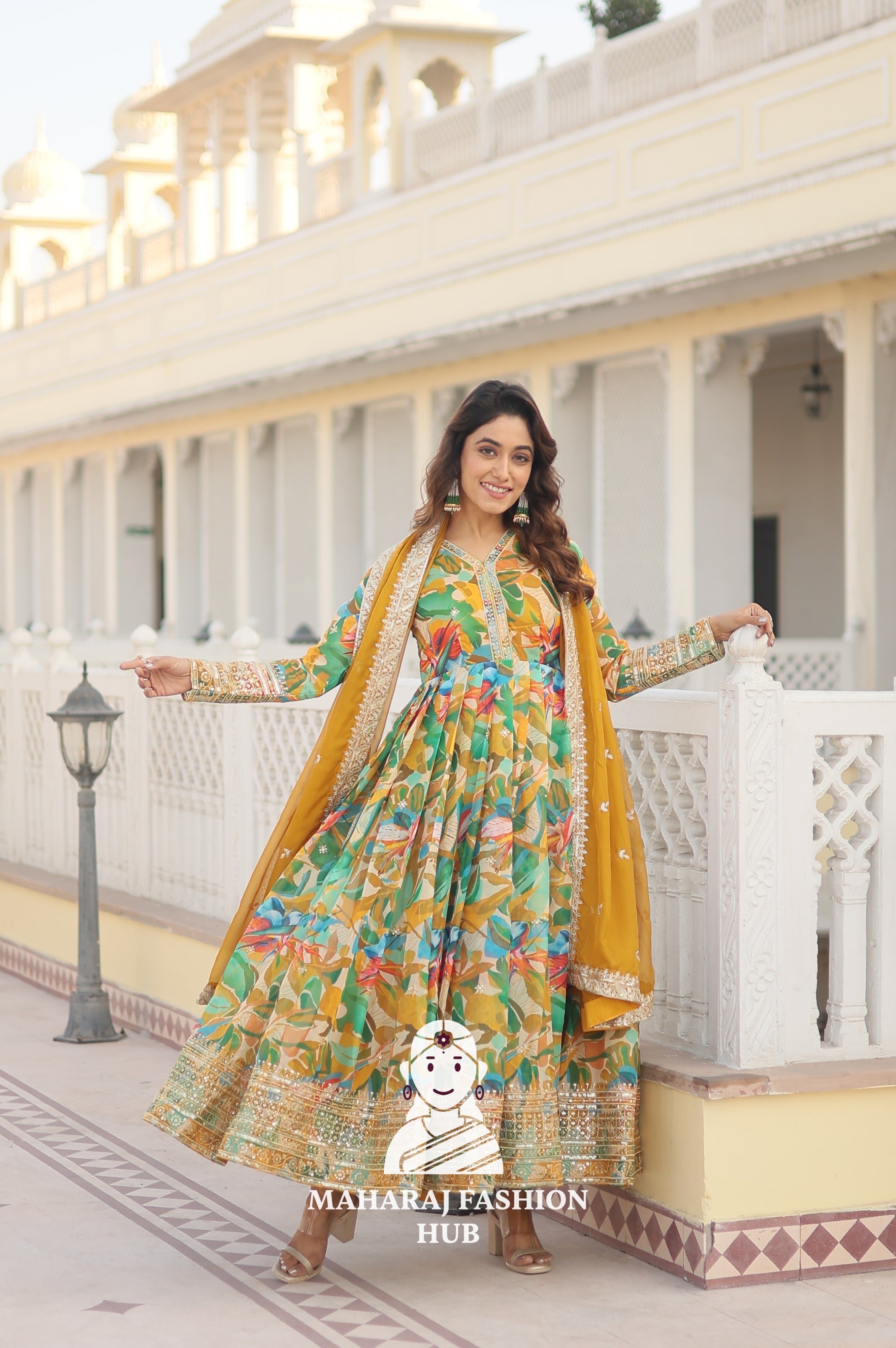 Embroidered Russian Silk Gown Set with Fancy V Neck - Special Designer Gown