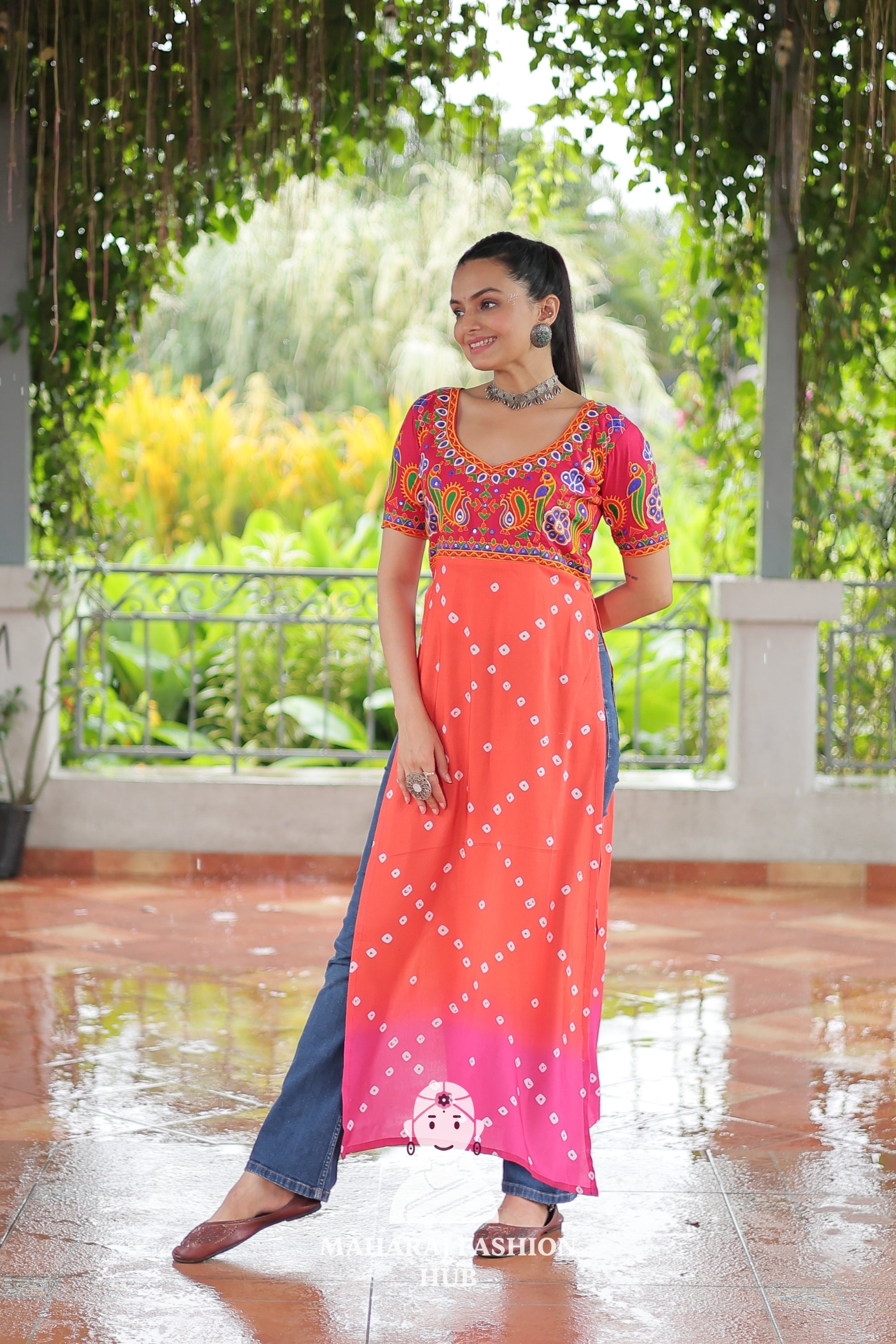 Premium Faux Georgette Bandhani Kutchi Patchwork Kurti for Festive Style 🌸🪔