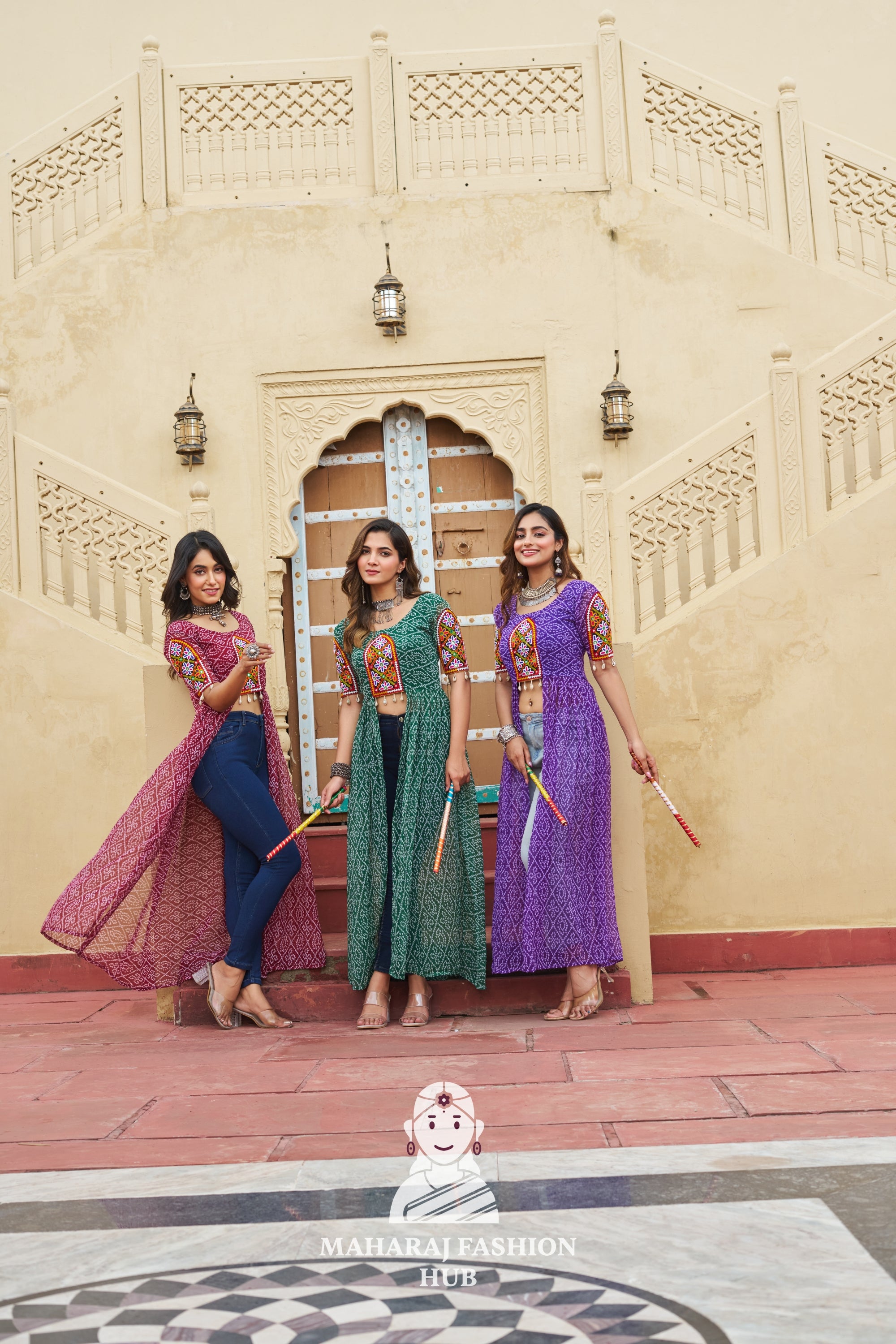 Combo Graceful Bandhani and Kutchi Patch Round Neck Navratri Kurti 🌺💫