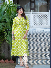 🌿 Printed & Embroidered Rayon Kurta – Parrot Green Chic