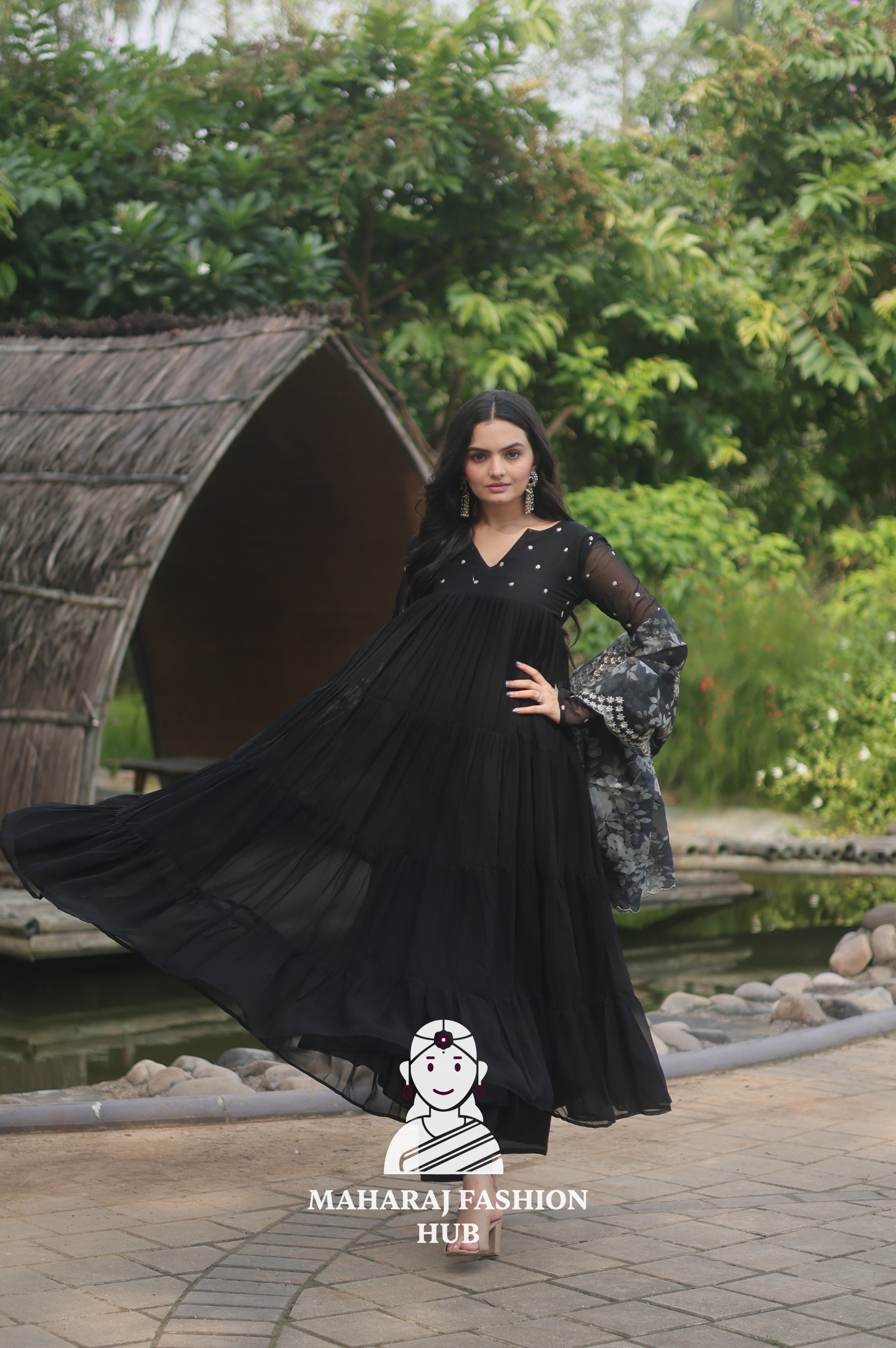 🌸 Faux Blooming Butti Work Set with 4-Layer Frill Gown & Organza Dupatta
