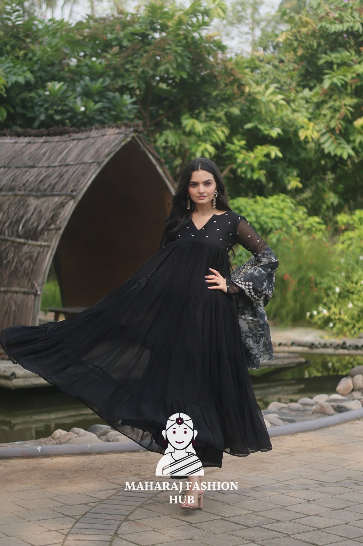 🌸 Faux Blooming Butti Work Set with 4-Layer Frill Gown & Organza Dupatta