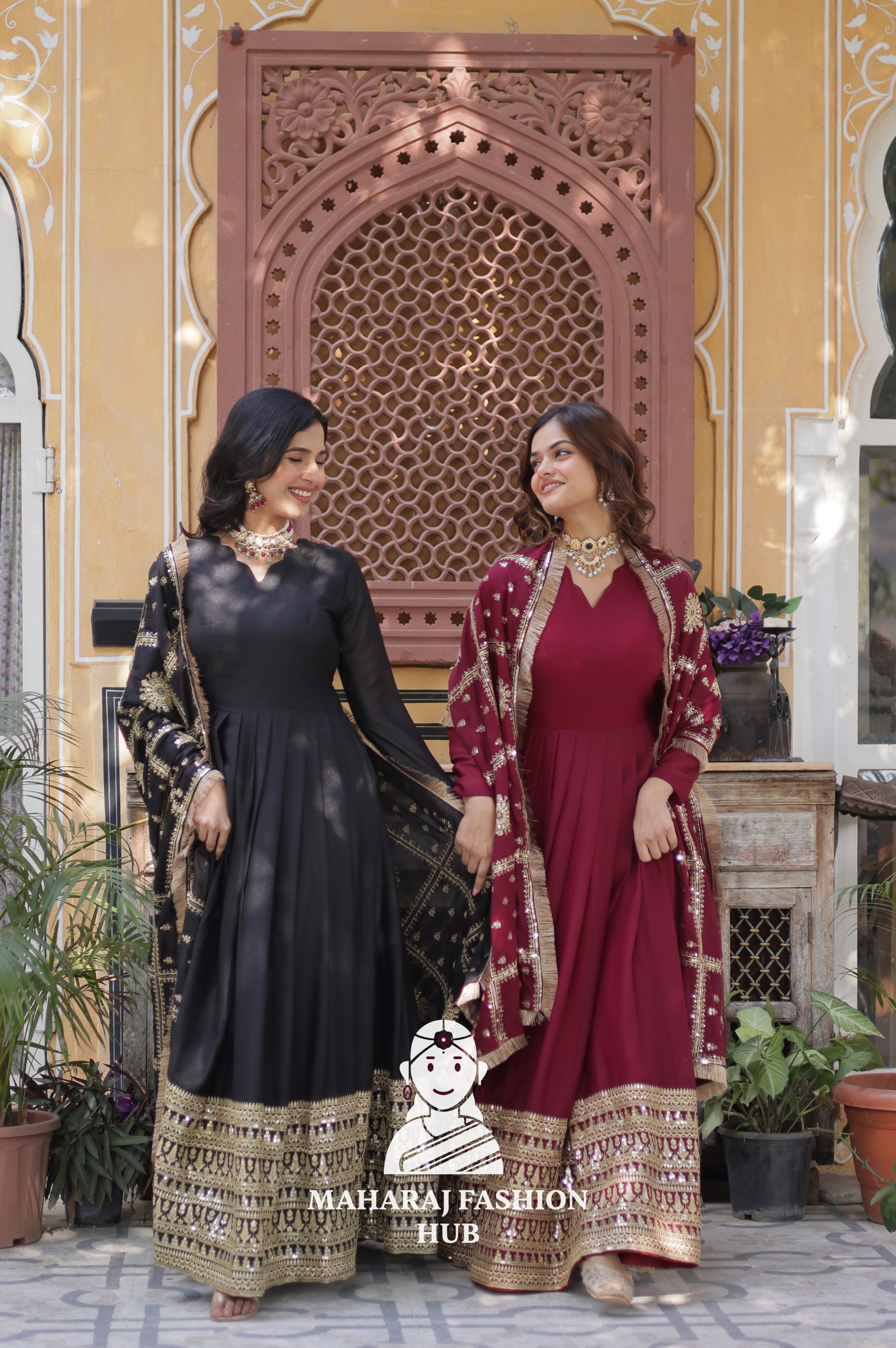 🪡 Zari Sequins Gown with Fancy Neck & Lace Border Dupatta - Special Designer Gown
