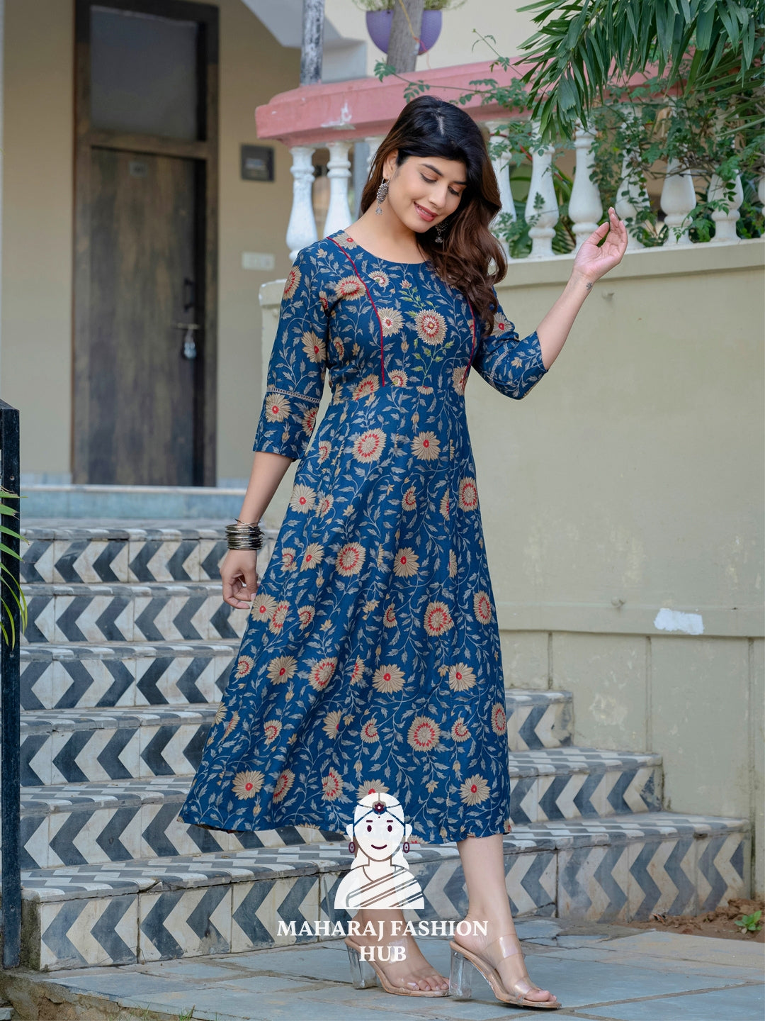 🎨 Navy Blue Ethnic Kurta with Printed Embroidery