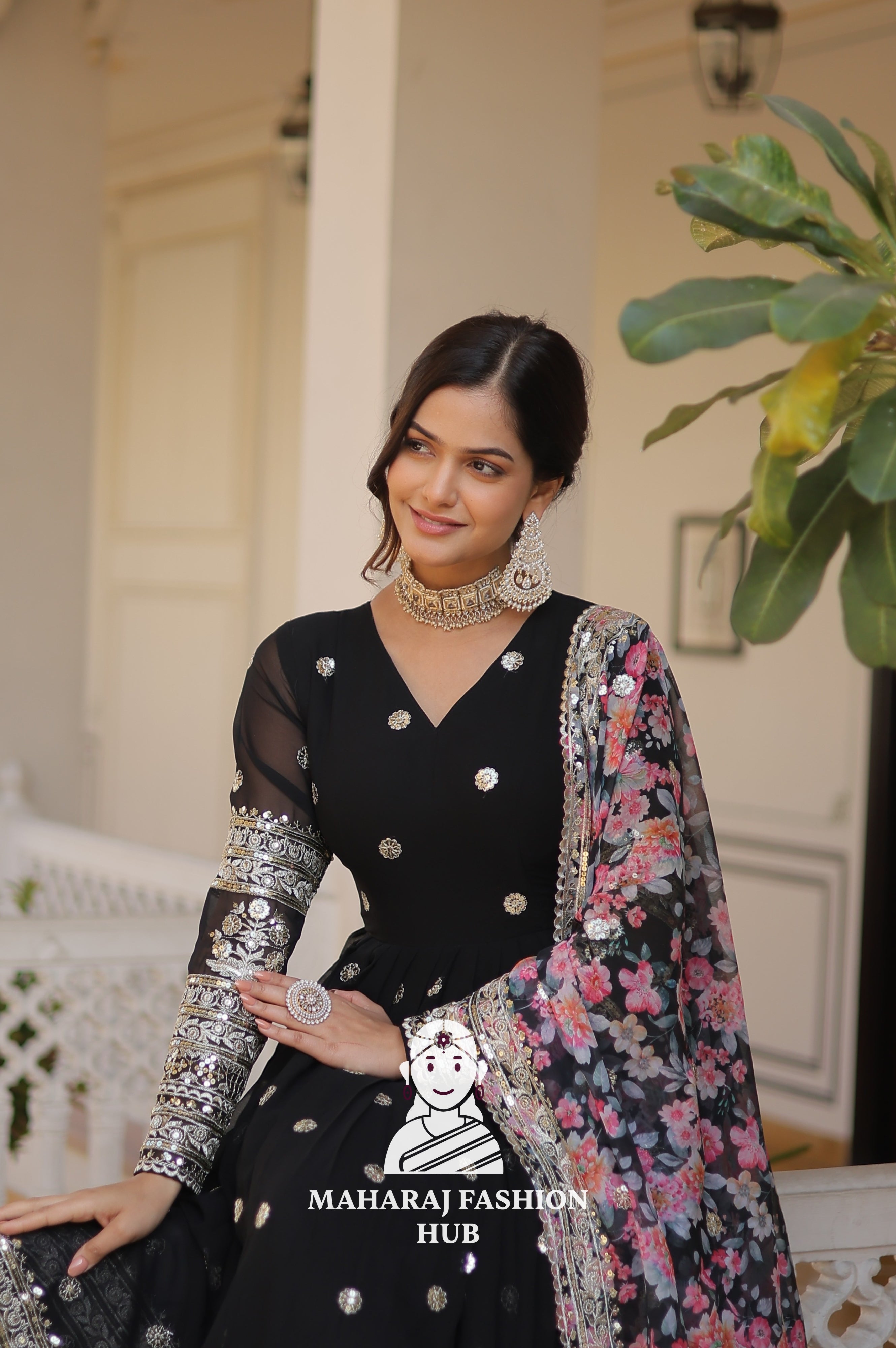 Partywear Faux Georgette Gown with Tabby Silk Cutwork Dupatta