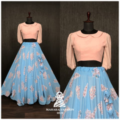 Blue-Pink Faux Georgette Crop Top Lehenga with Wire Picco Work & Readymade Blouse Piece – Perfect for Functions 💃🏻
