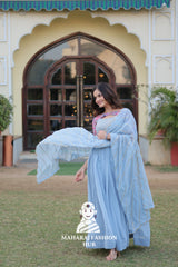 Floral Printed Faux Georgette Gown with Cut-Work Dupatta