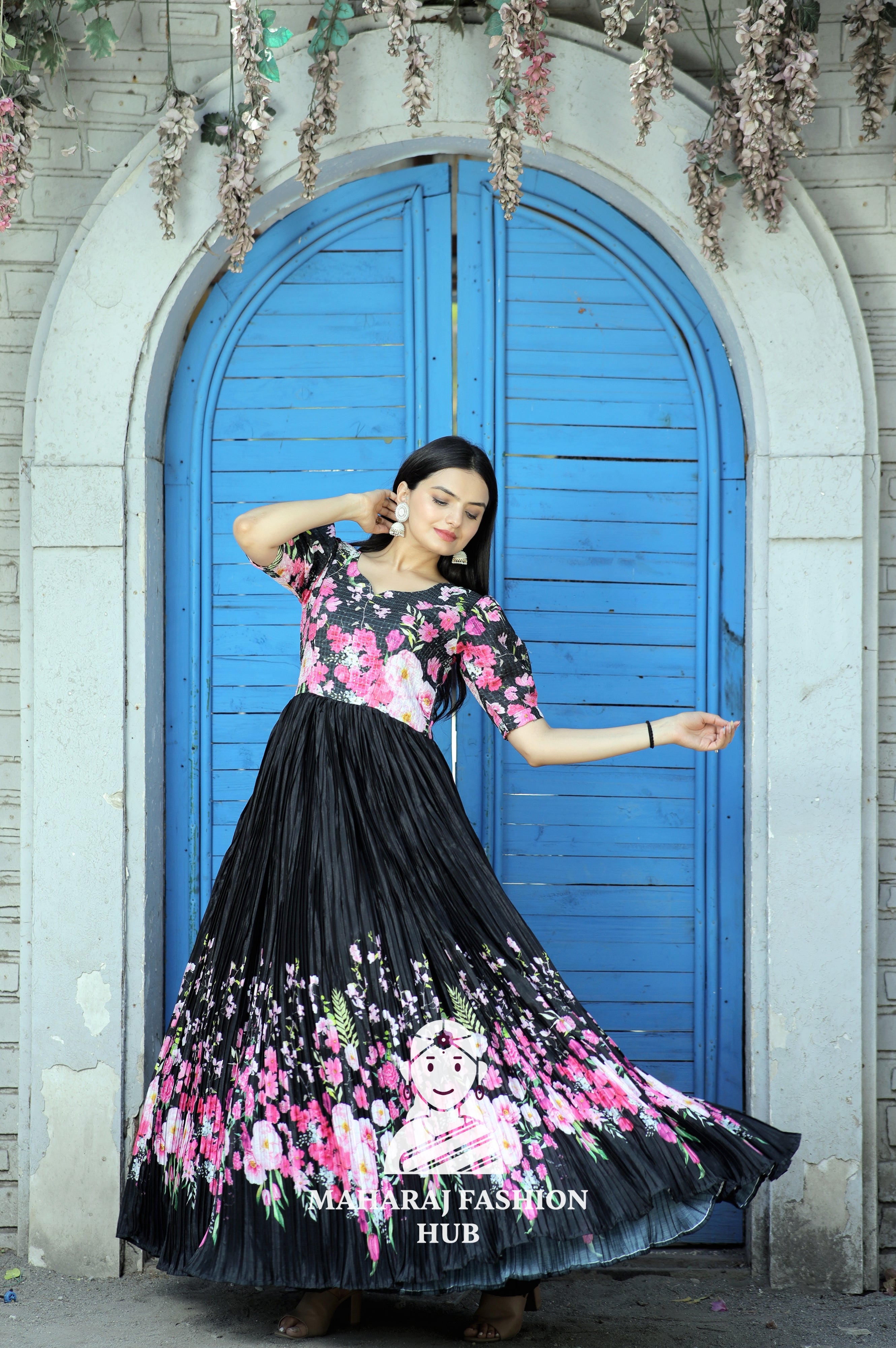 Elegant Digital Print Gown with Designer Neckline