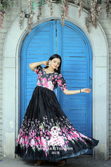 Elegant Digital Print Gown with Designer Neckline
