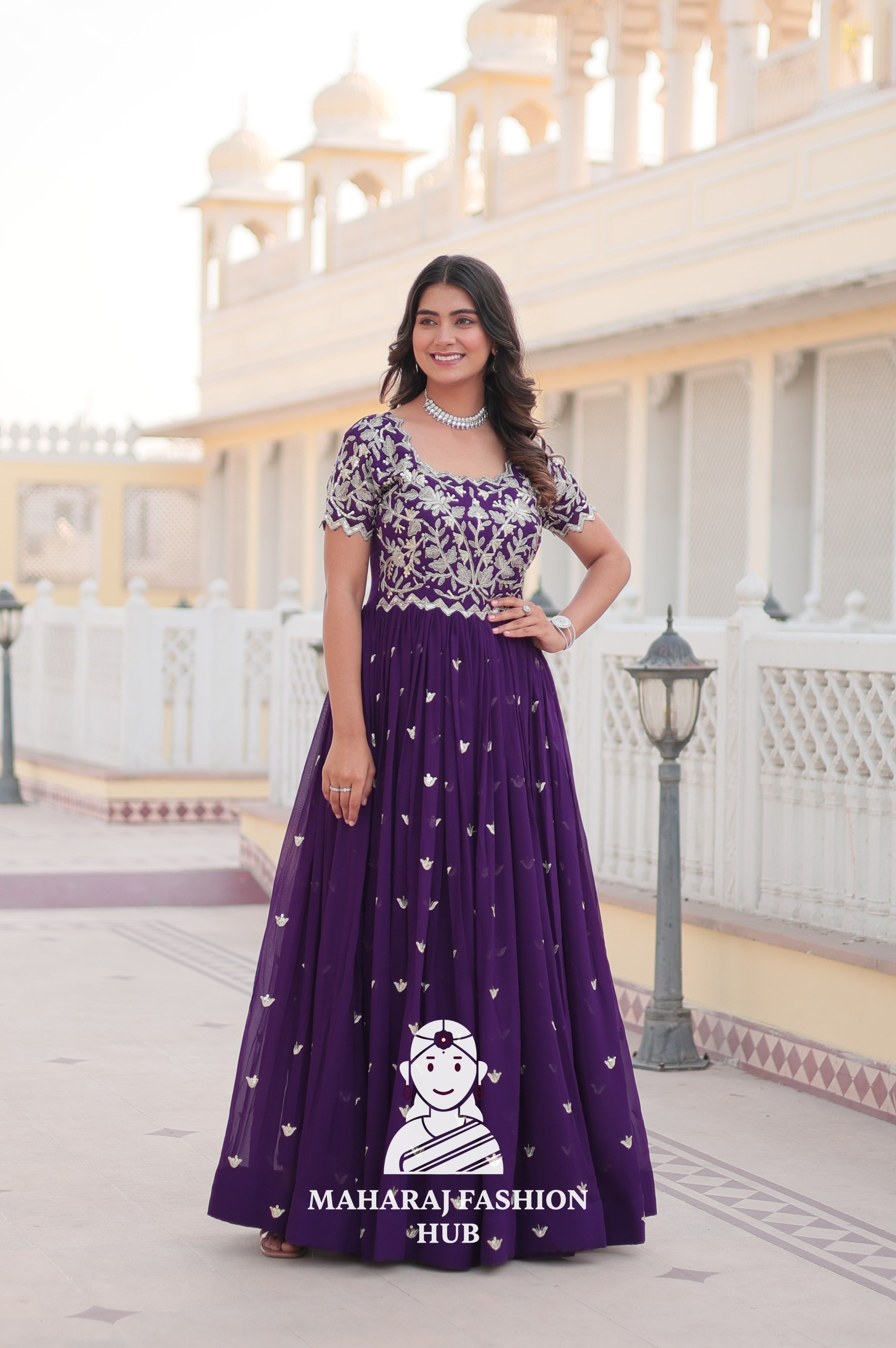 Faux Blooming Special Designer Gown with Cut-Work Sleeves & Canvas Stitching