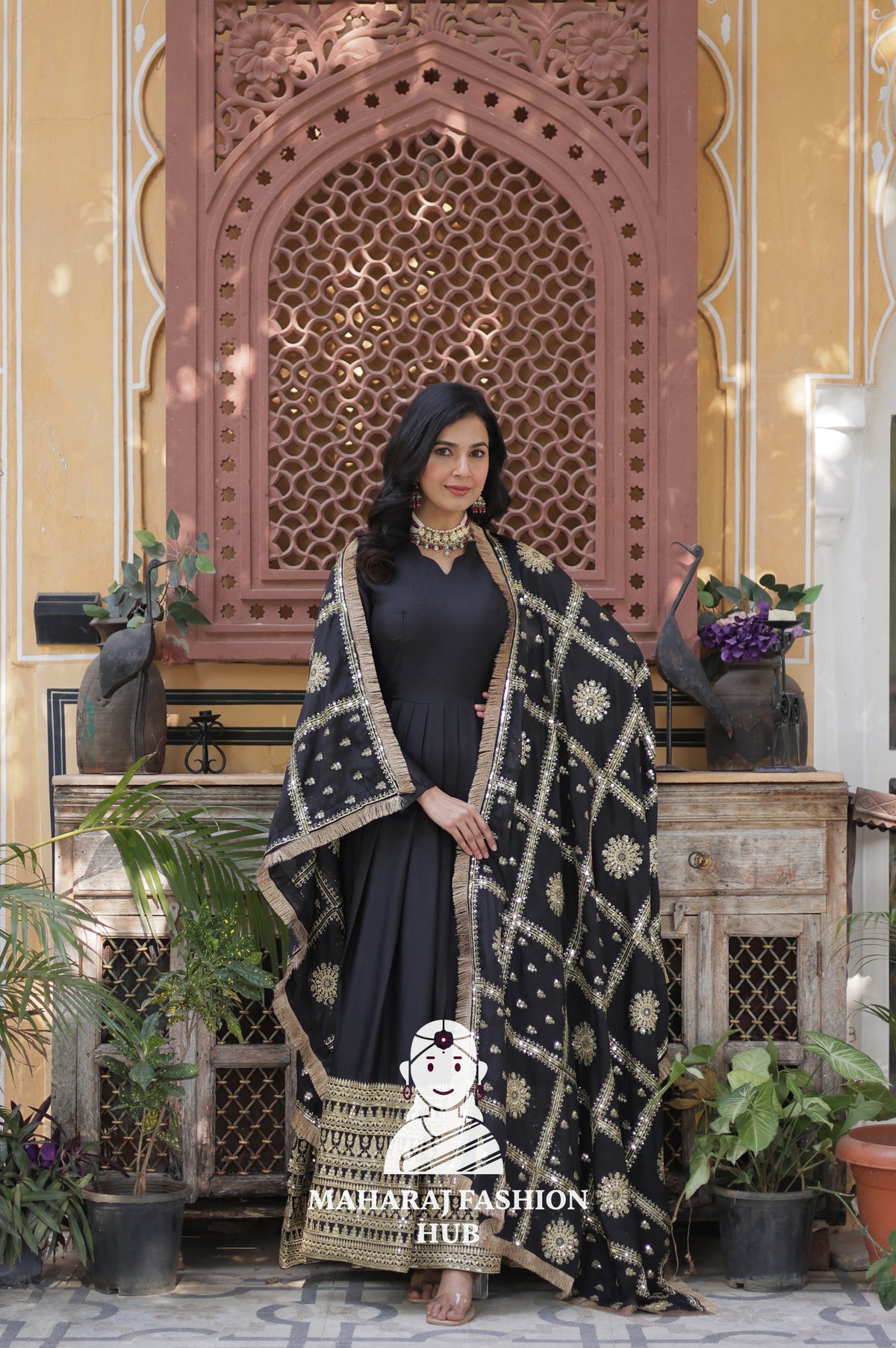 ✨ Star Georgette Embroidered Gown with Designer Lace Dupatta - Special Designer Gown