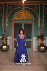 Bandhani Print Faux Georgette Gown with Kutchi Patchwork Detailing