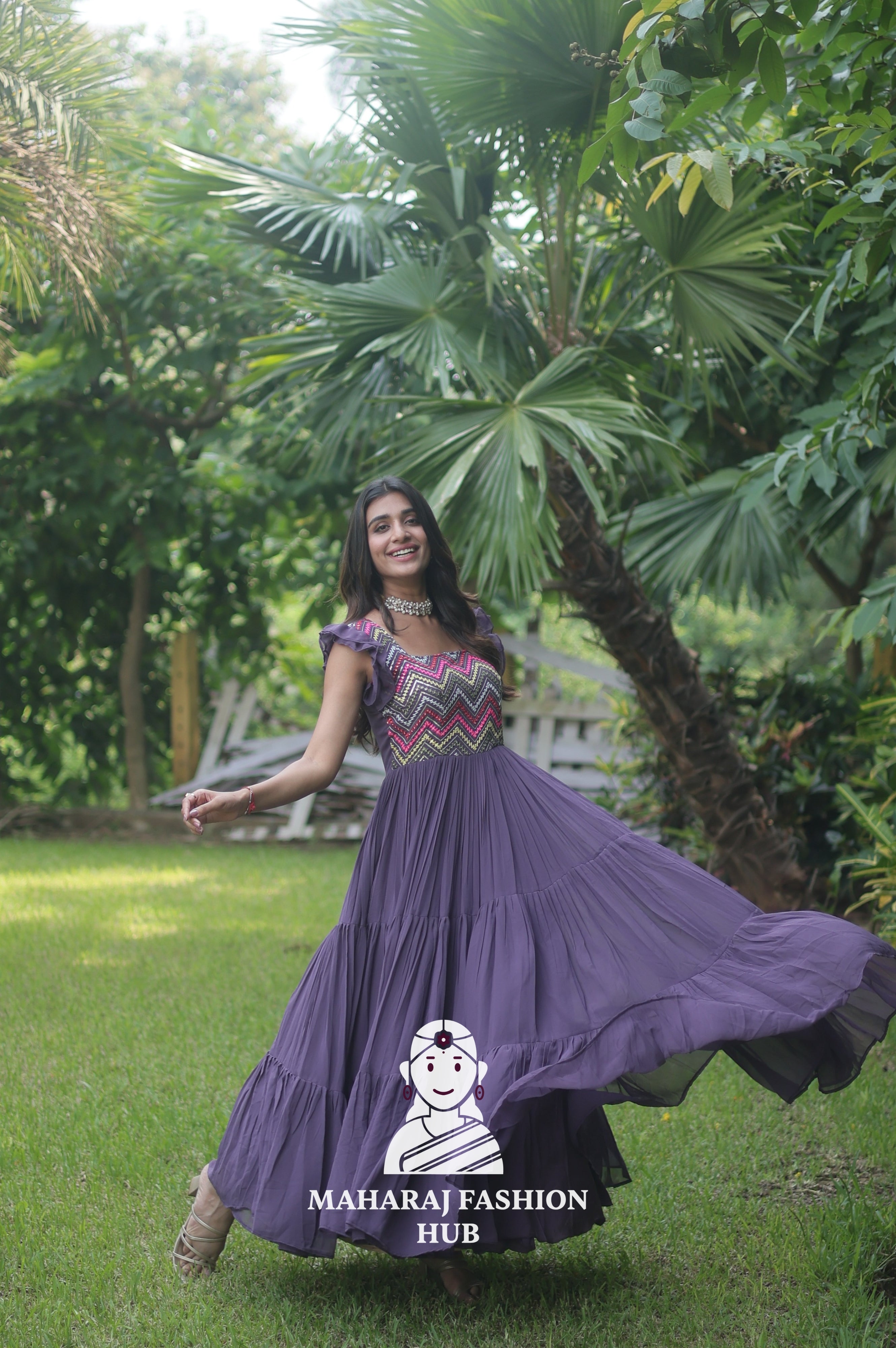 👑 Frill Shoulder Designer Gown with Square Neck & Embroidered Finish