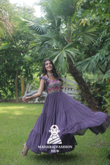 👑 Frill Shoulder Designer Gown with Square Neck & Embroidered Finish