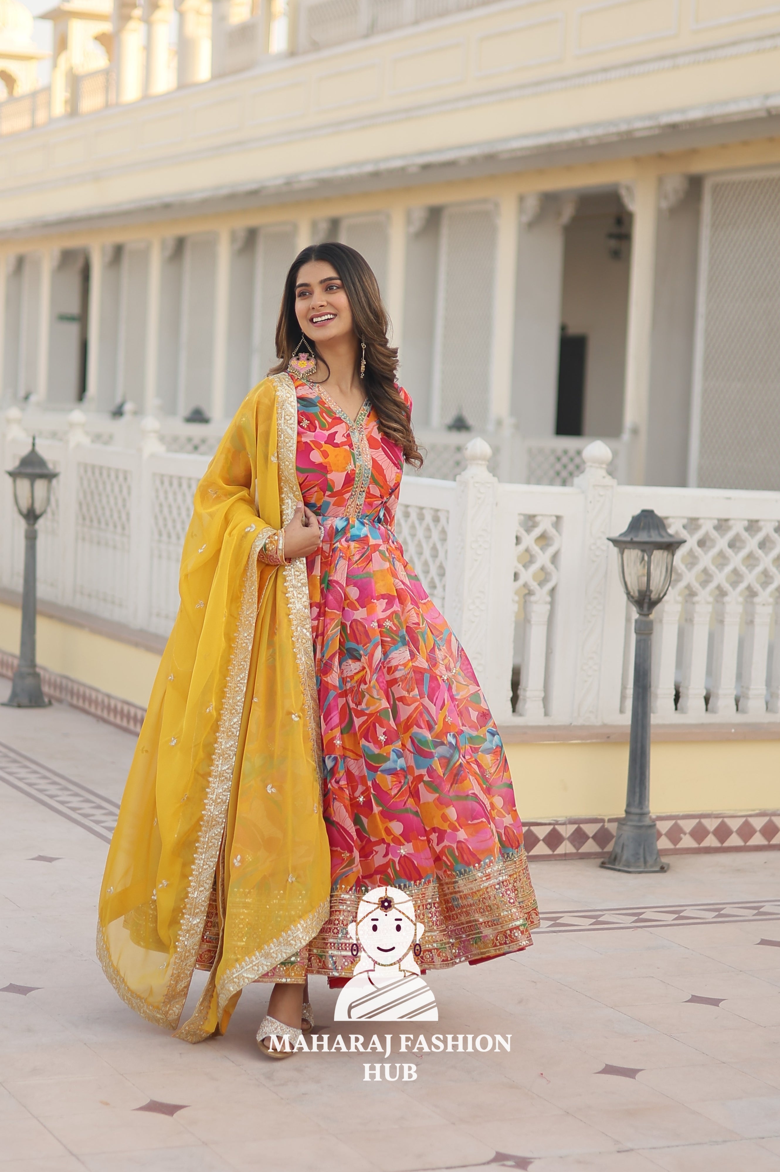 Zari & Sequins Russian Silk Gown with 3.5M Flair and Dupatta