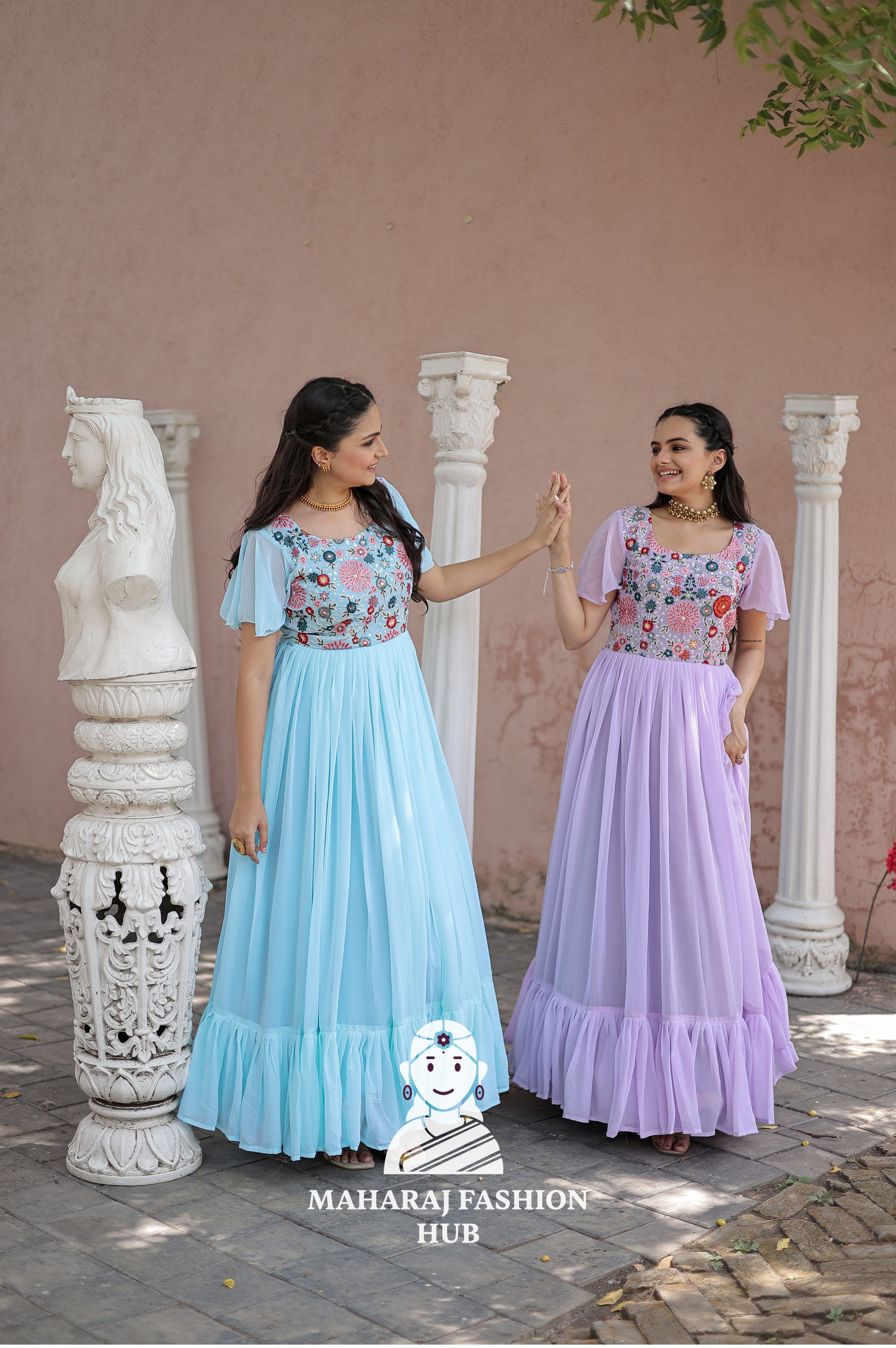 👑 Faux Georgette Heavy Flair Gown with Embroidery & Sequins | Ethnic Elegance