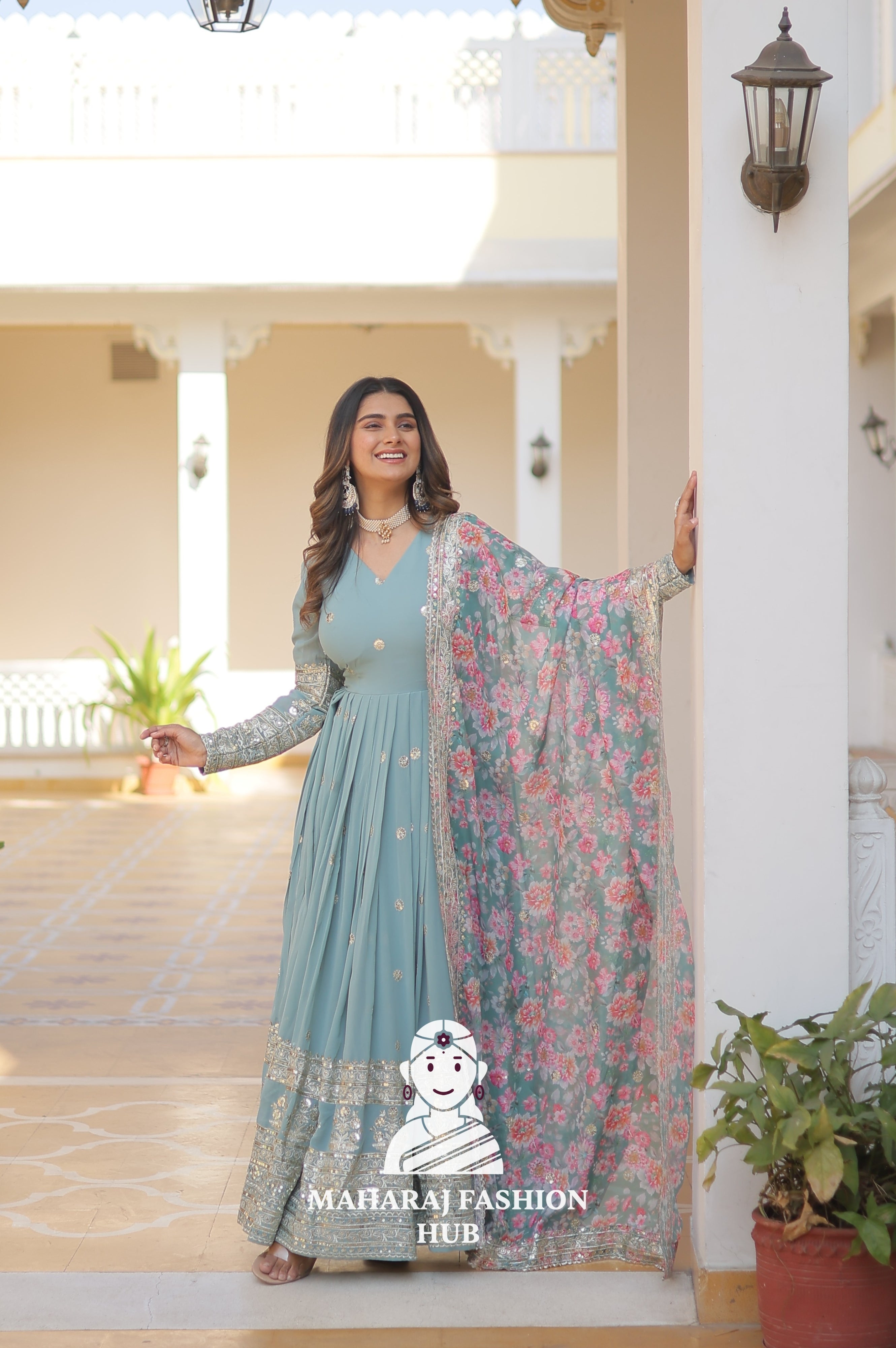 V Neck Faux Georgette Gown with Full Sleeves and Embroidered Silk Dupatta