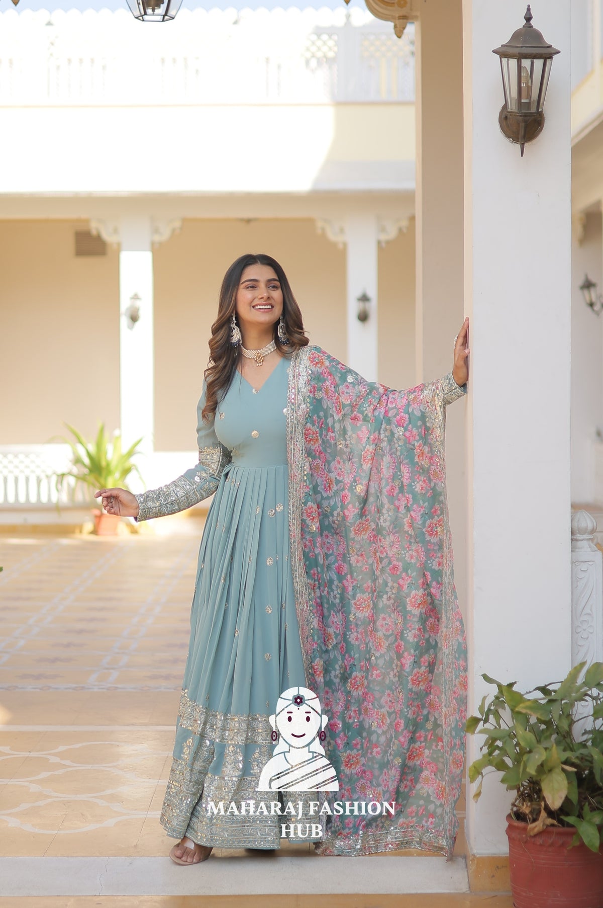 V Neck Faux Georgette Gown with Full Sleeves and Embroidered Silk Dupatta