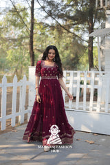 Elegant Faux Blooming Fabric Gown with Cut Work Sleeves