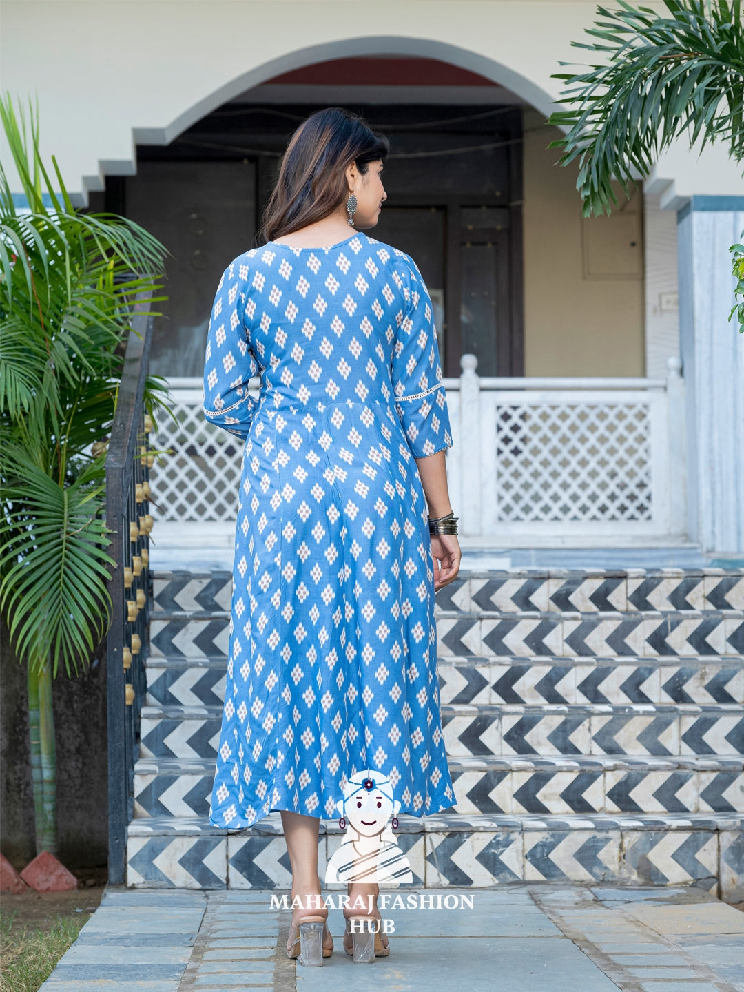 🌤️ Soft Rayon Sky Blue Kurta – Printed & Embroidered