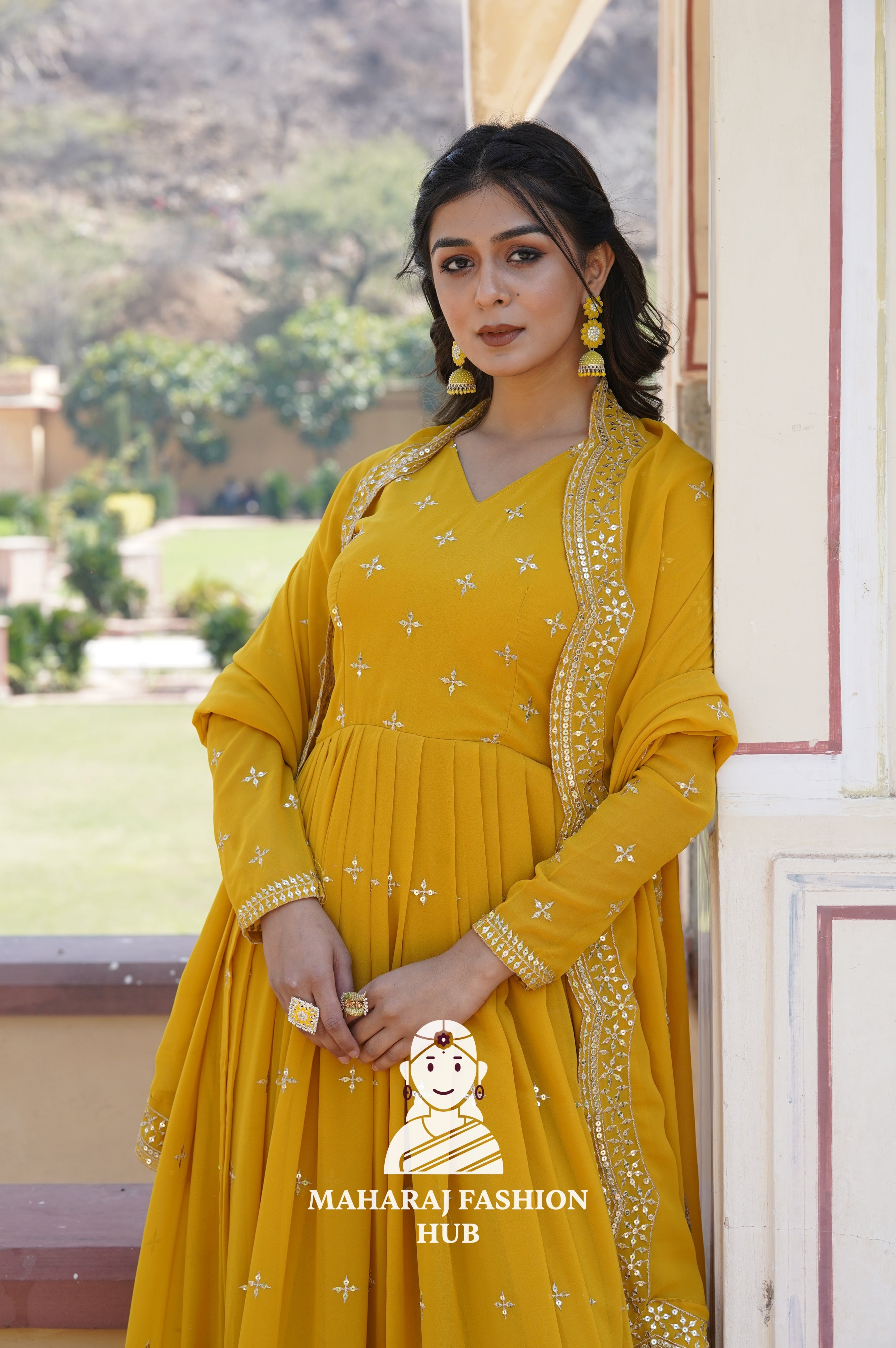 Fancy V Neck Embroidered Gown in Faux Georgette