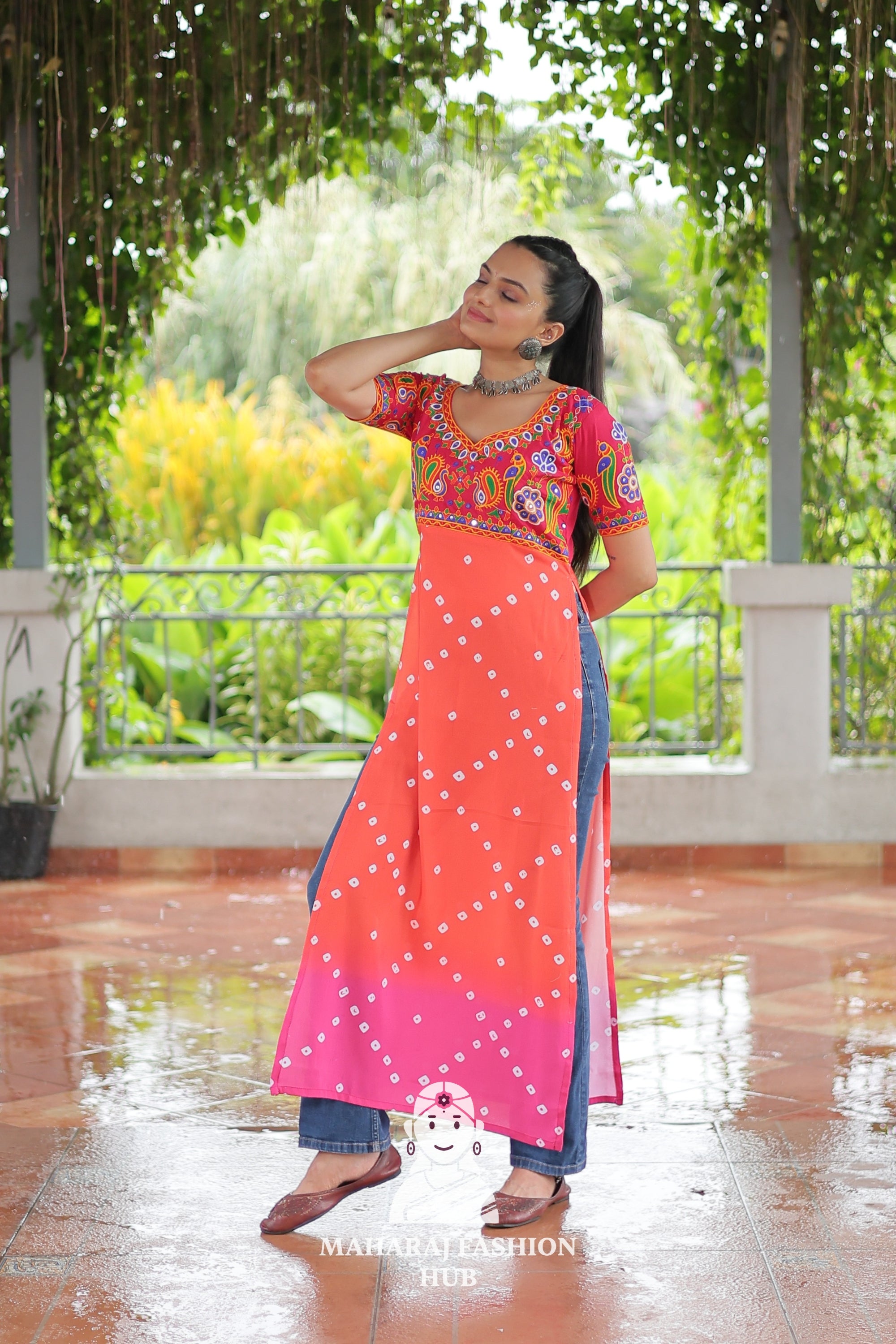 Premium Faux Georgette Bandhani Kutchi Patchwork Kurti for Festive Style 🌸🪔