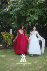 Designer Faux Blooming Gown with Full Sleeves & Dupatta in Cut-Work Grace 🌼