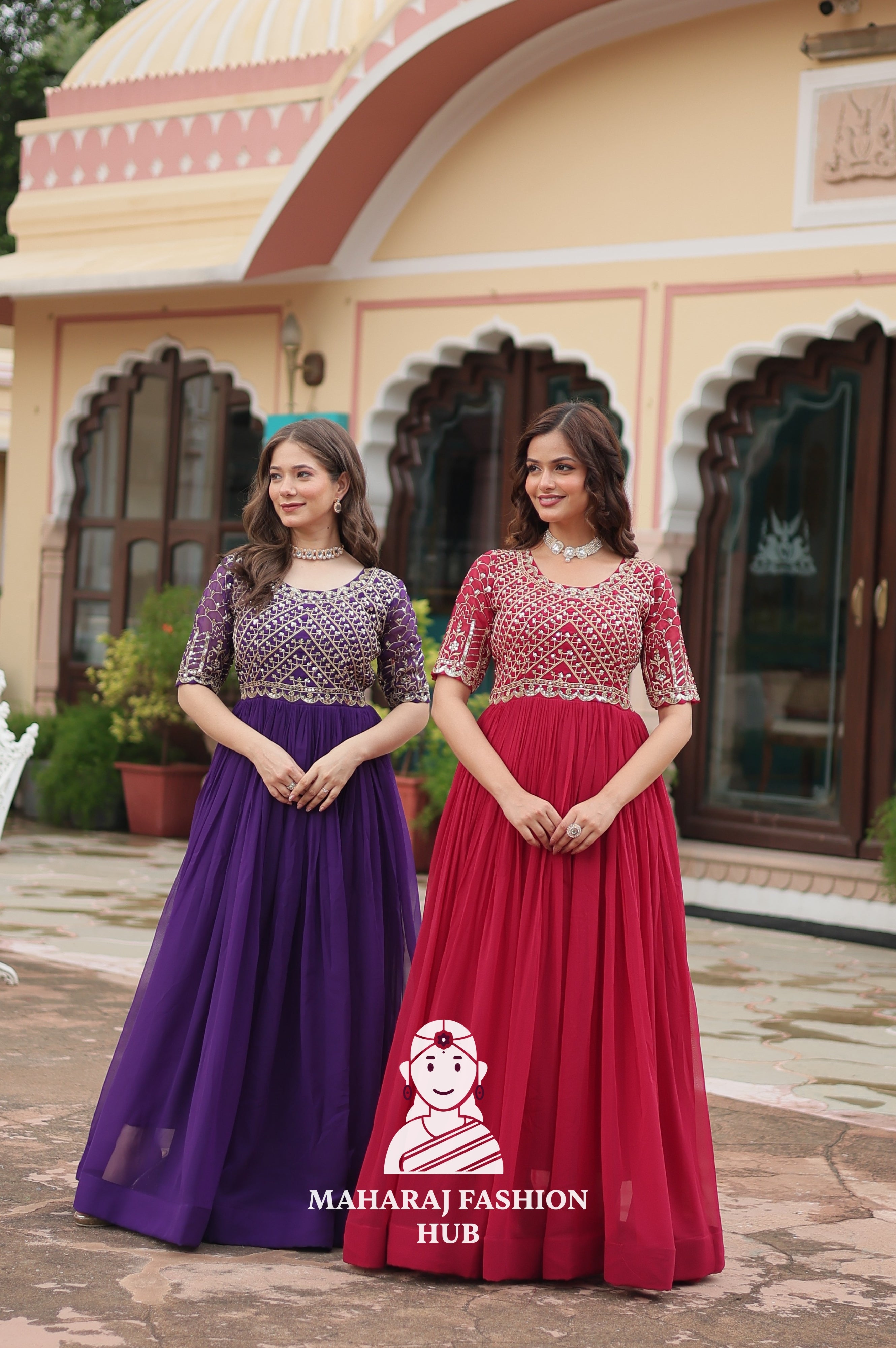 Stunning Embroidered Fabric Gown with Classic Round Neck - Combo Offer Gown