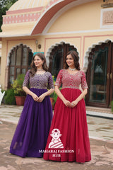 Stunning Embroidered Fabric Gown with Classic Round Neck - Combo Offer Gown