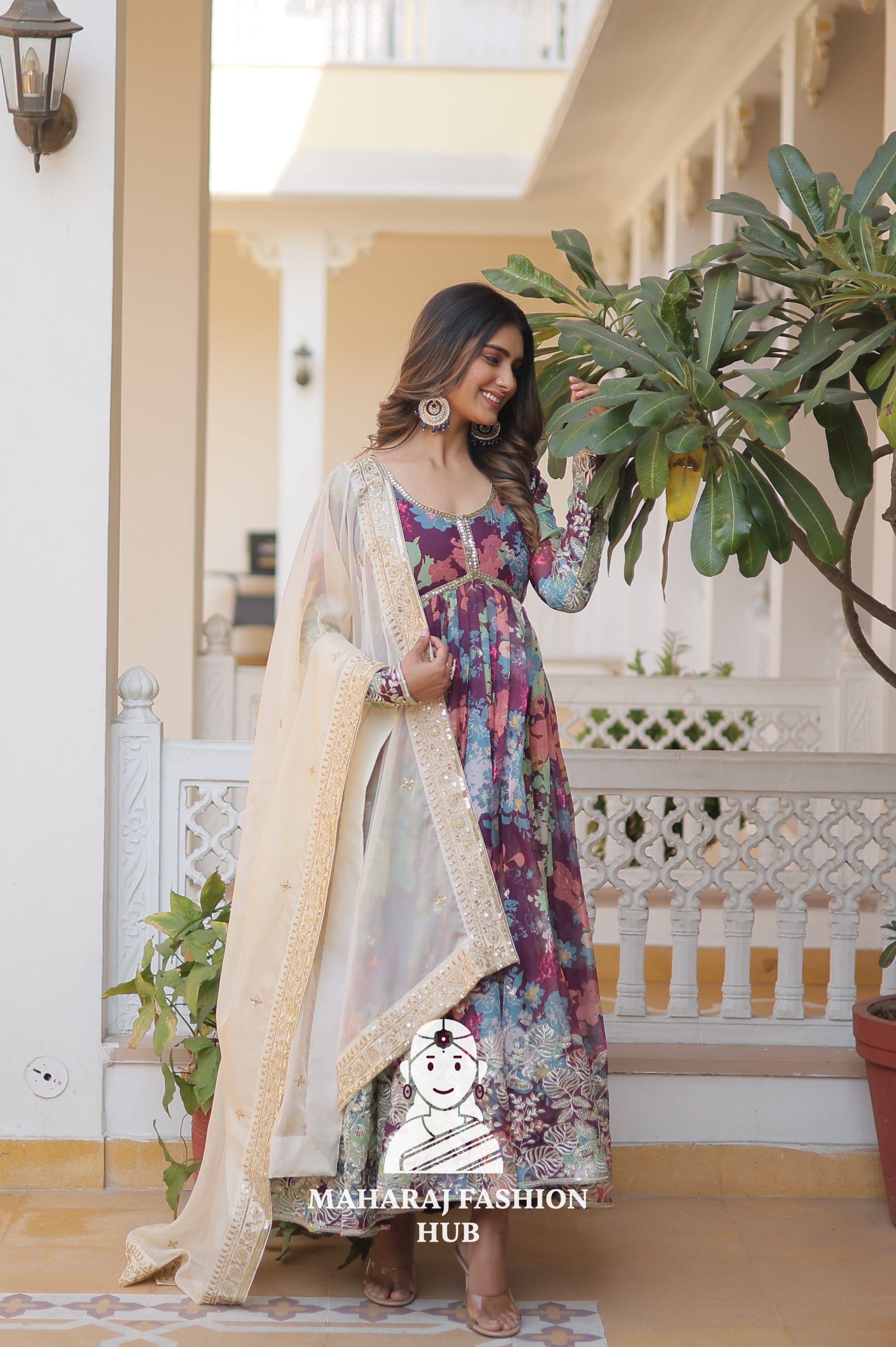 Designer V Neck Russian Silk Gown with Embroidered Dupatta