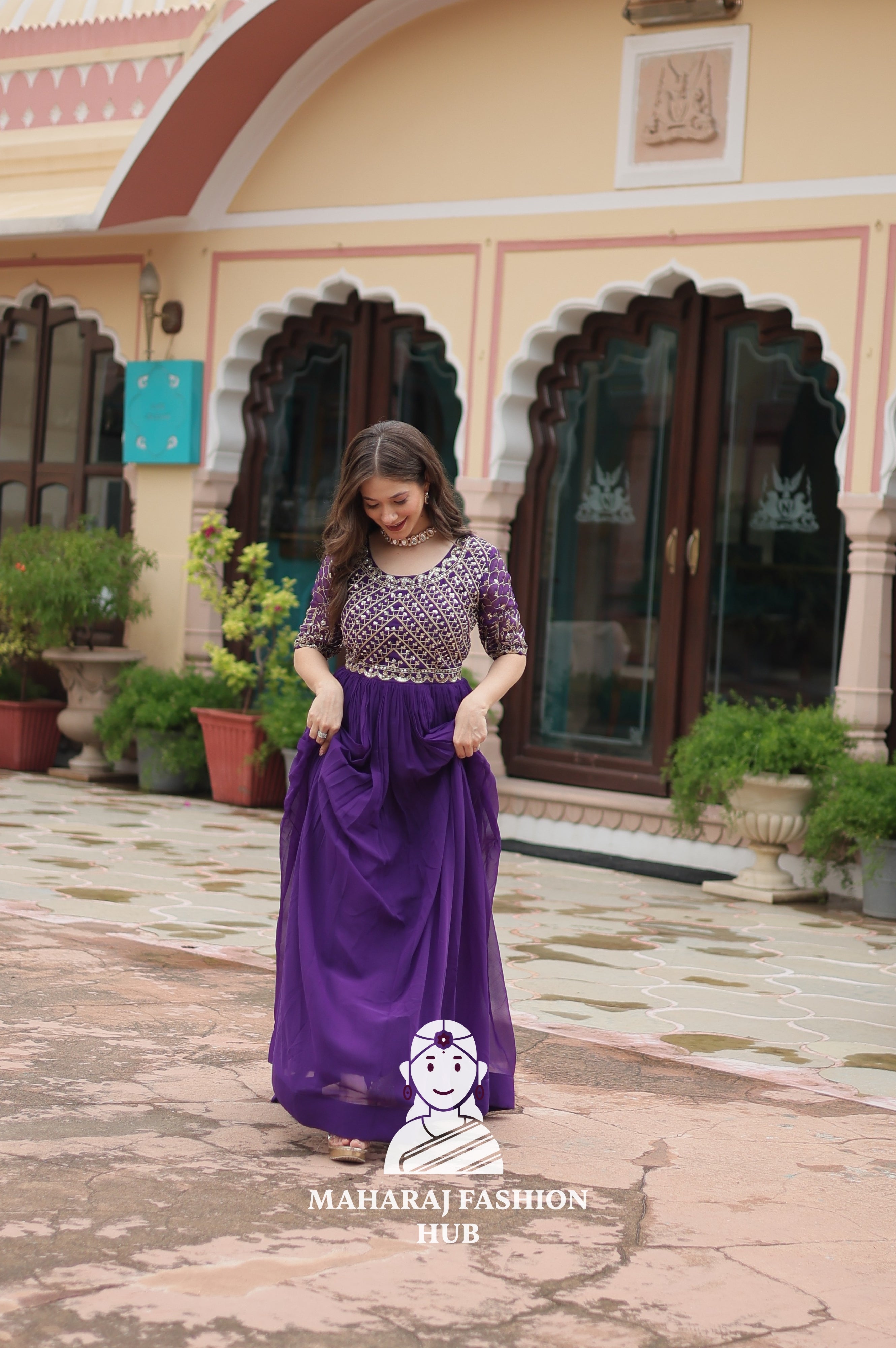 Designer Faux Blooming Gown with Zari Sequins Detailing