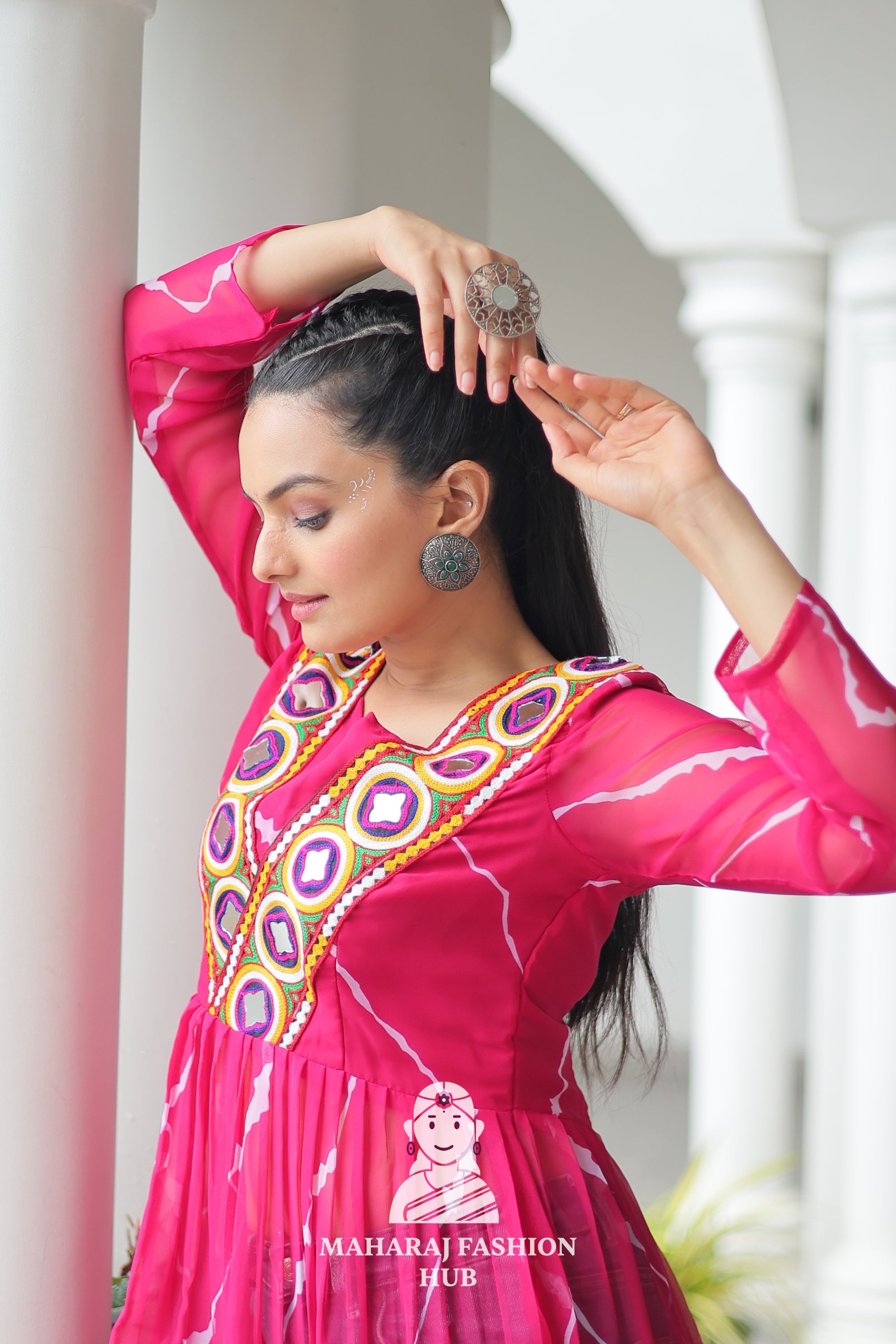 Navratri - Premium Faux Georgette Leheriya Kutchi Patchwork Navratri Kurti 🎶💃