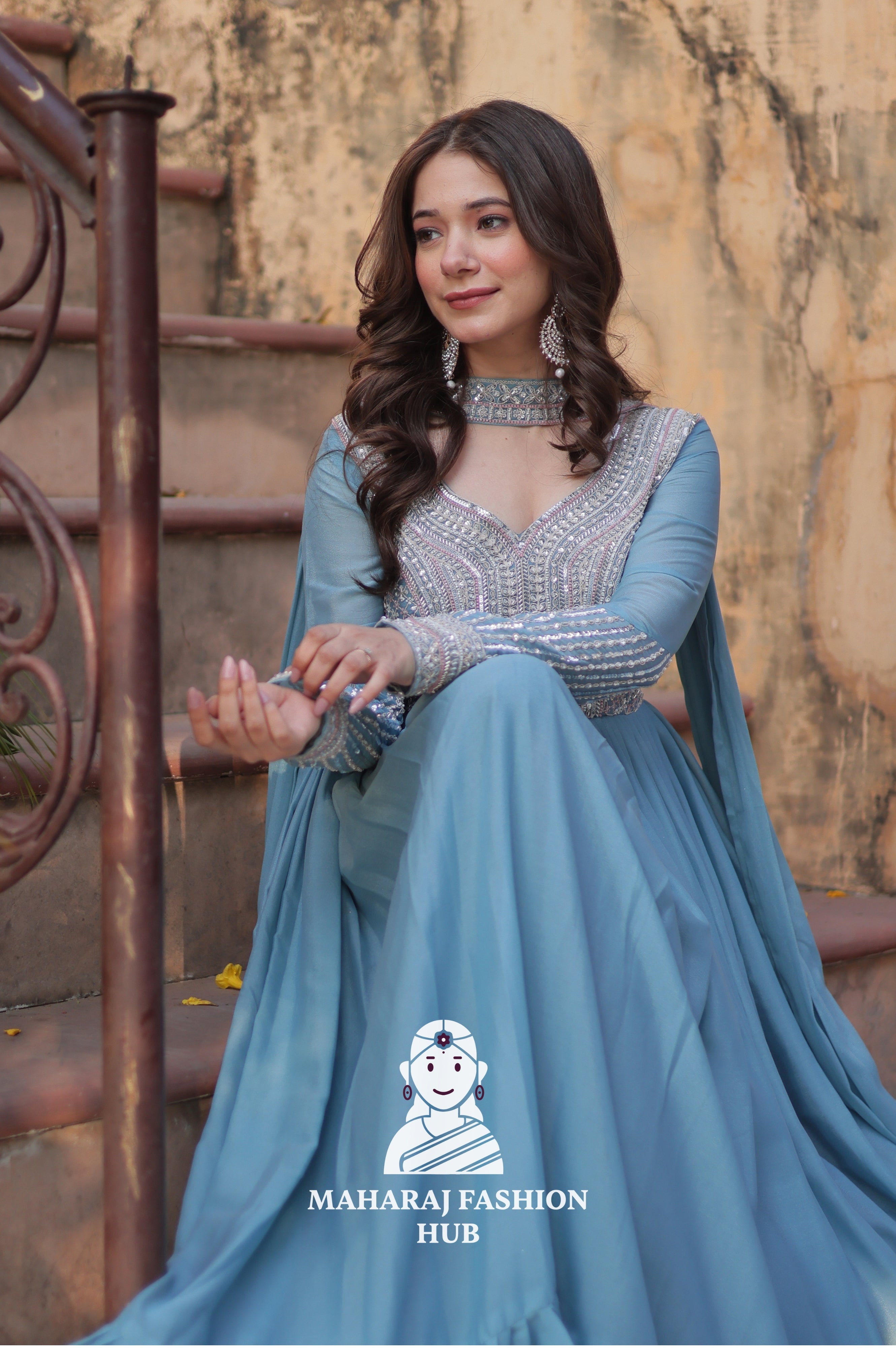 💫 Designer Gown in Star Georgette with Pan Neck & Full Embroidery - Special Designer Gown