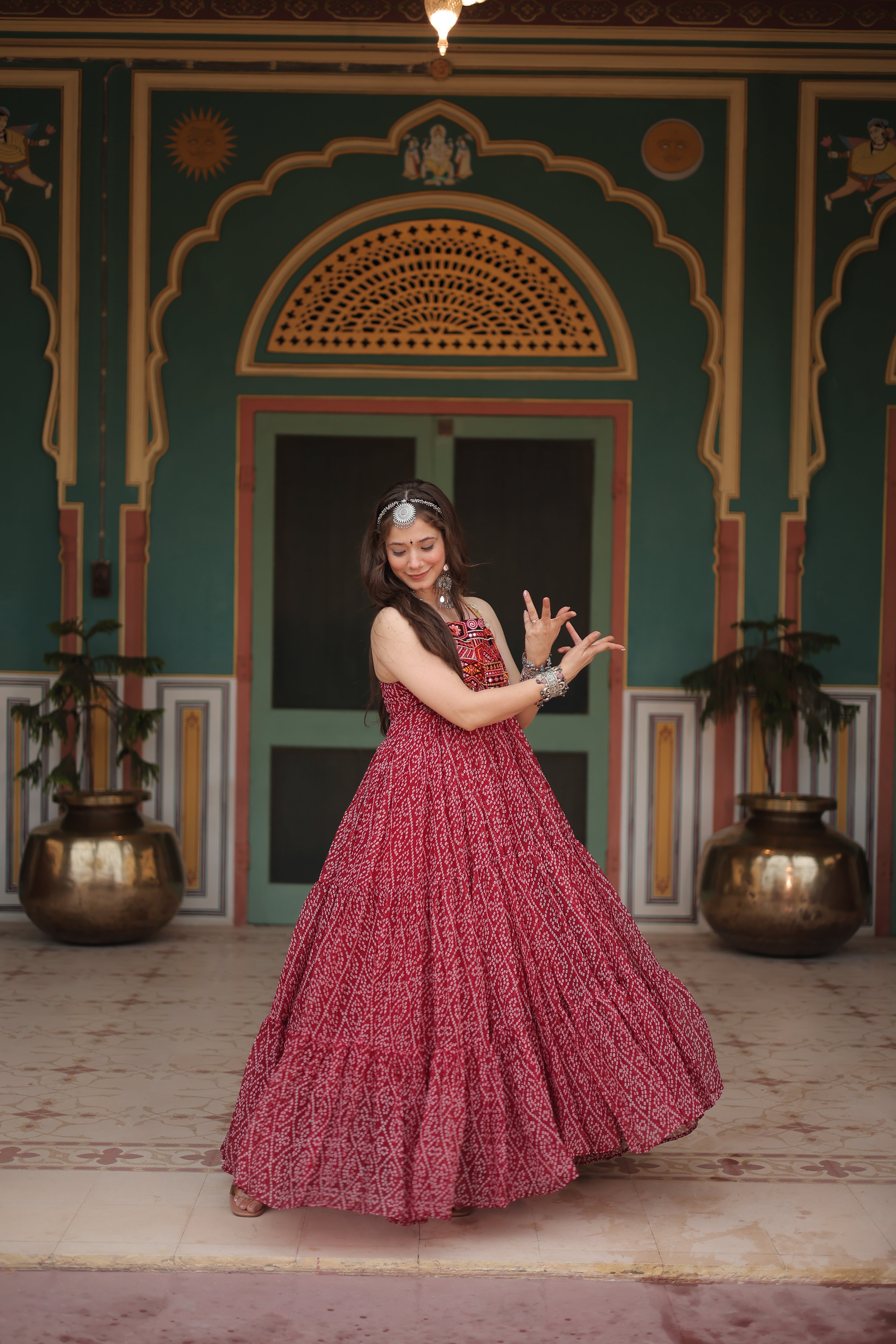 Stunning Faux Georgette Gown with 12 Meter Flair and Patchwork