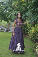 👑 Frill Shoulder Designer Gown with Square Neck & Embroidered Finish