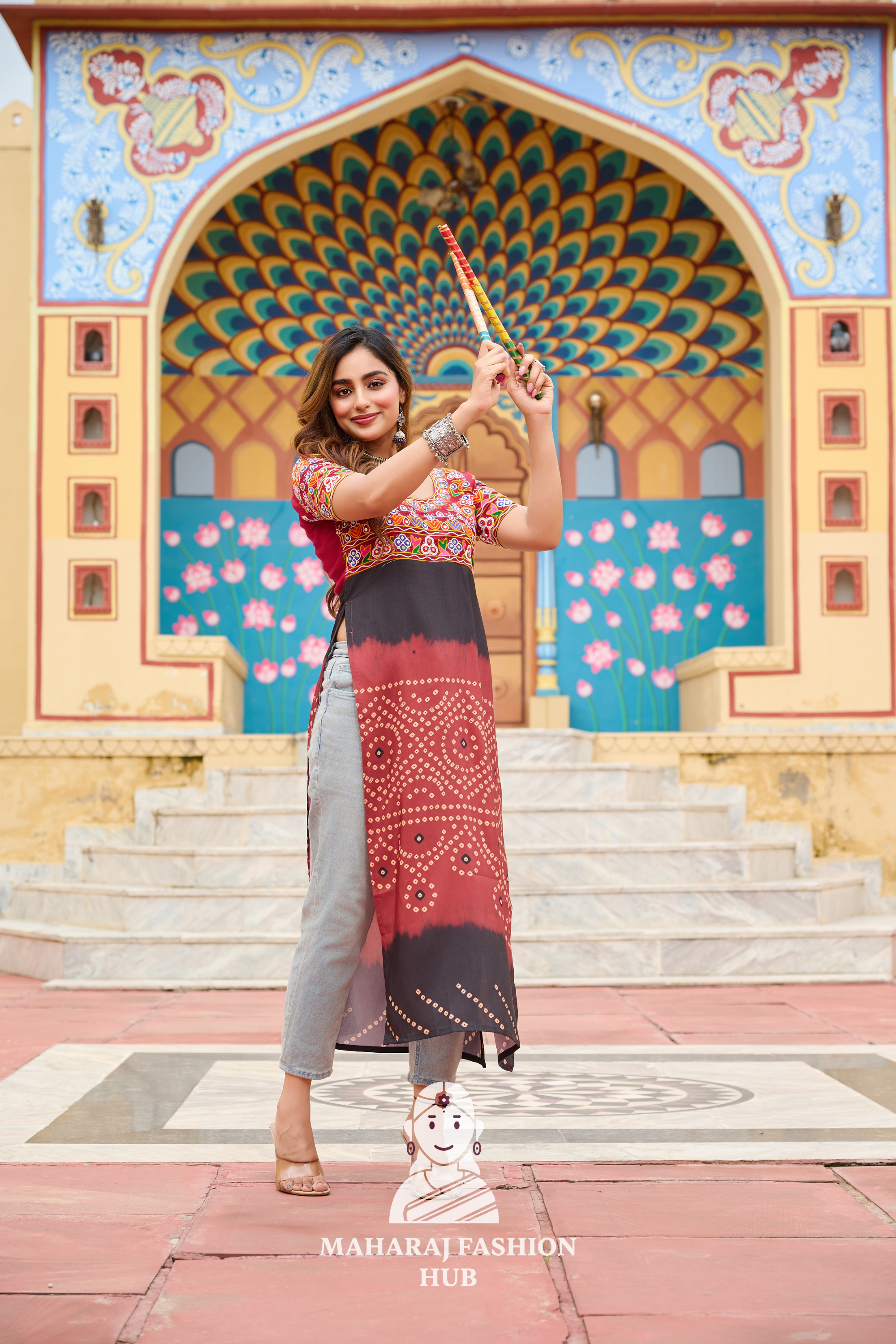 Premium Printed Rayon Round Neck Navratri Kurti with Kutchi Embroidery 💫🎶