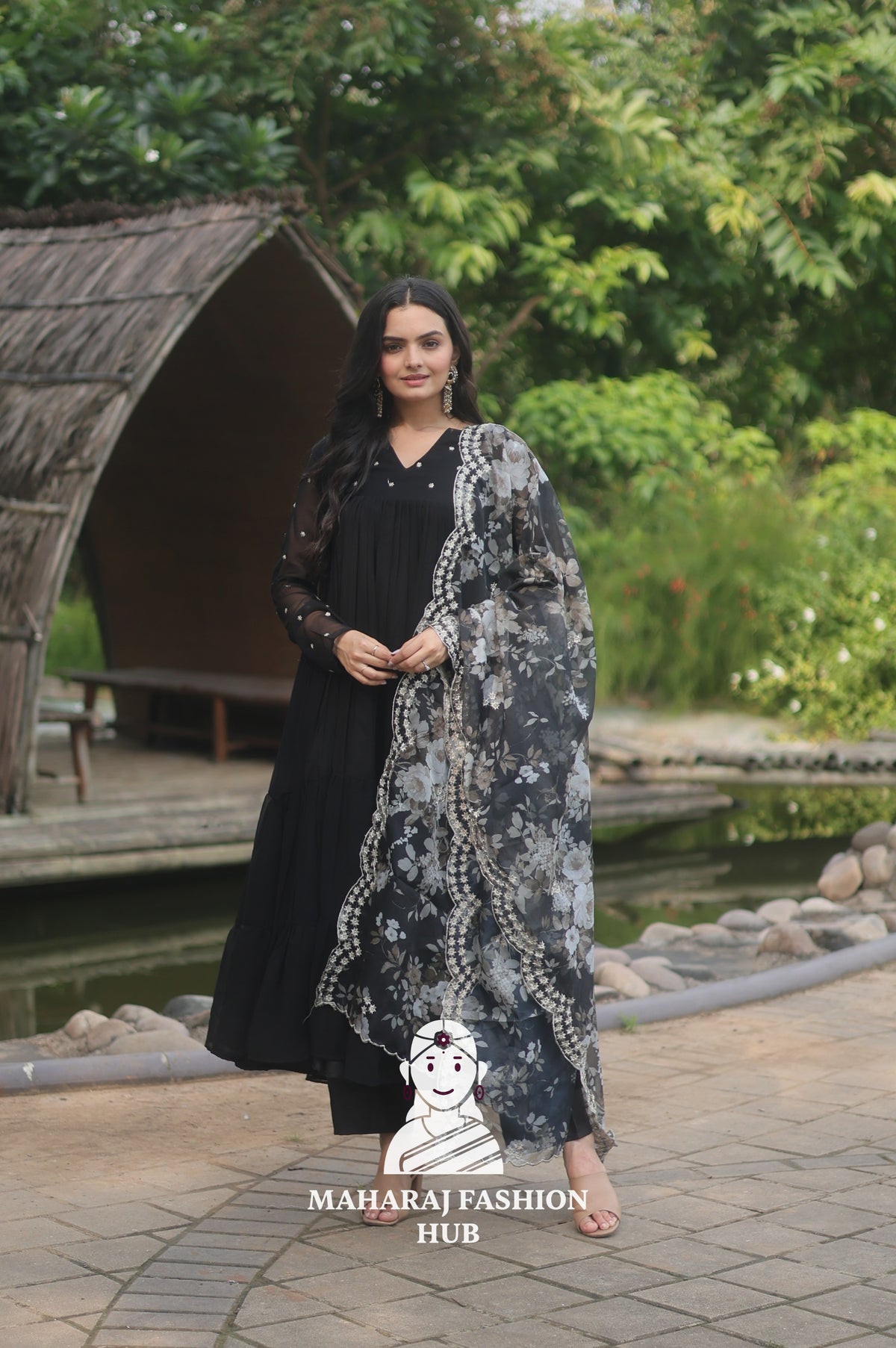 🌸 Faux Blooming Butti Work Set with 4-Layer Frill Gown & Organza Dupatta