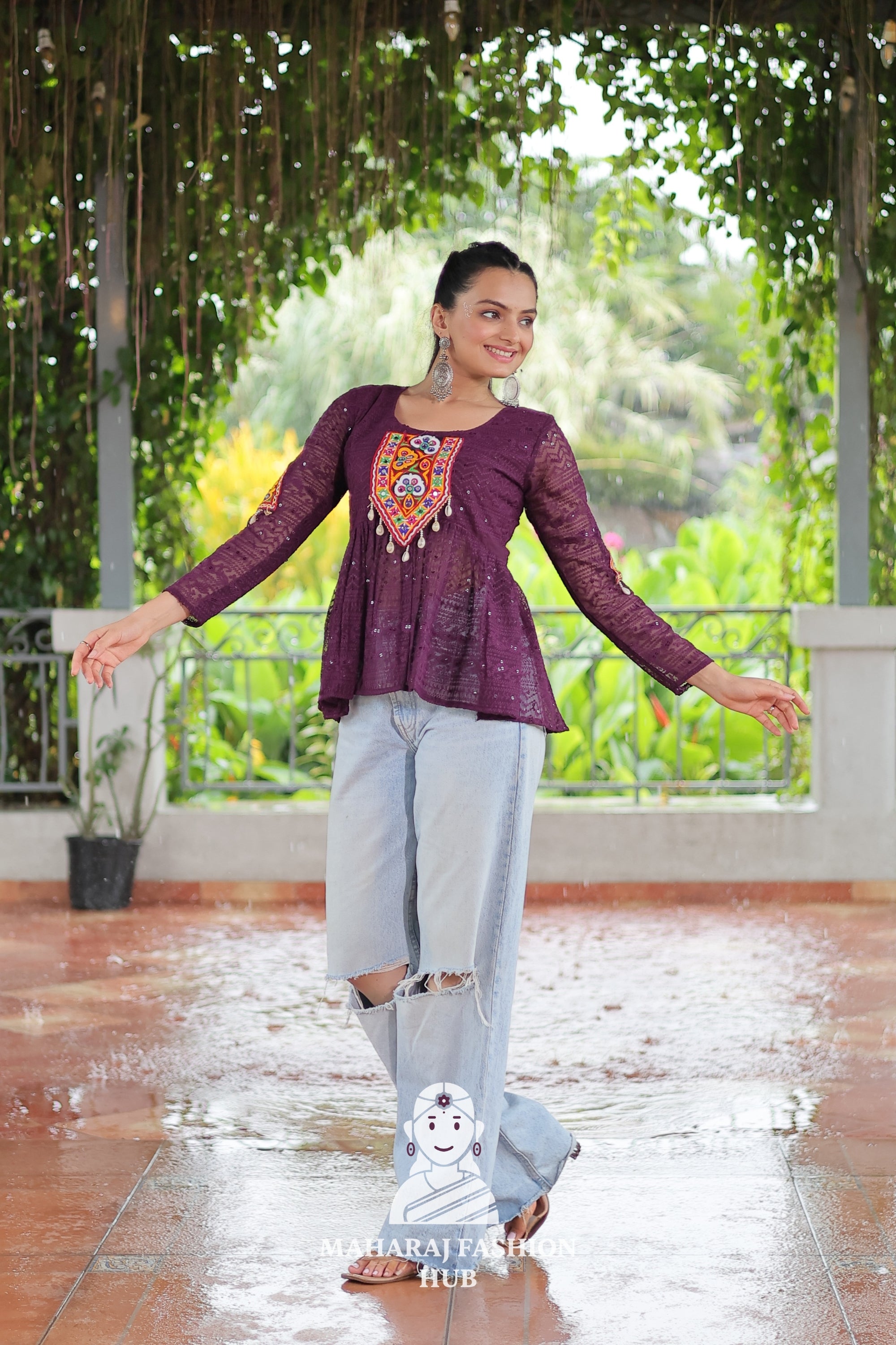 Elegant Kutchi Gamthi Schiffli Embroidery Georgette Peplum Top 🌸👑