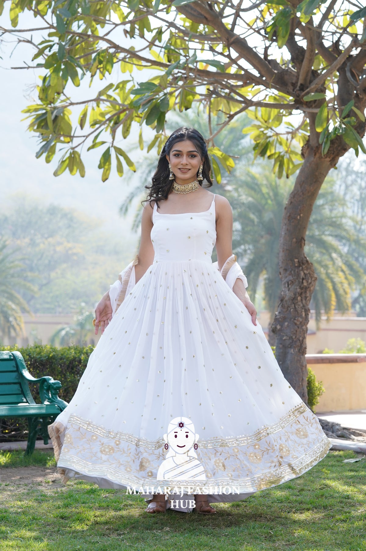 Sequins Embroidered Sleeveless Gown in Faux Blooming with Designer Lace Dupatta