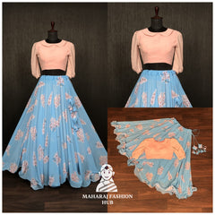 Blue-Pink Faux Georgette Crop Top Lehenga with Wire Picco Work & Readymade Blouse Piece – Perfect for Functions 💃🏻