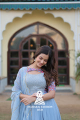 Floral Printed Faux Georgette Gown with Cut-Work Dupatta